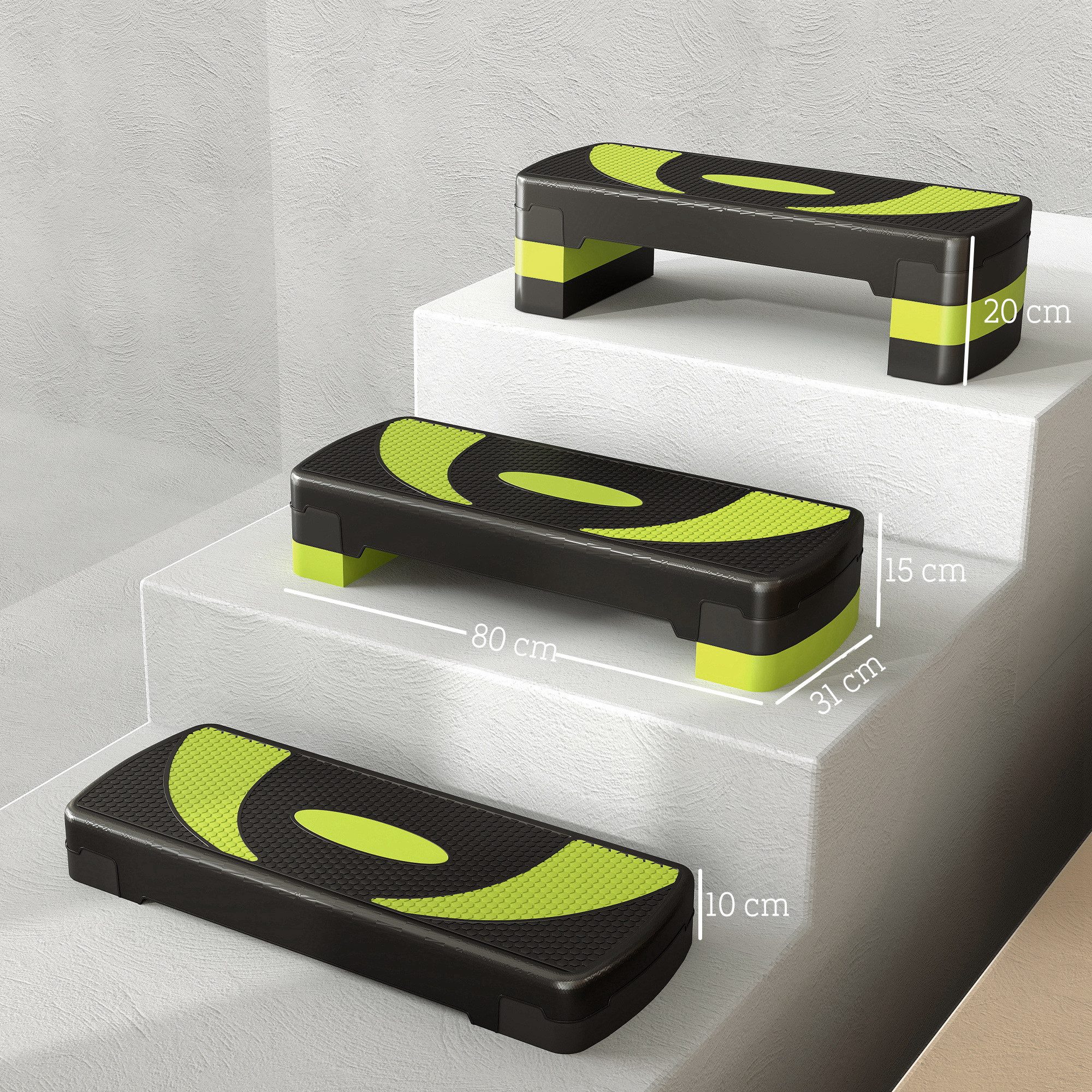 HOMCOM Stepper höhenverstellbar mit 3 Stufen, Fitness Heimtrainer (Aerobic-Stepper, 1-tlg., Steppbrett), für Indoor, Outdoor, Schwarz+Grün