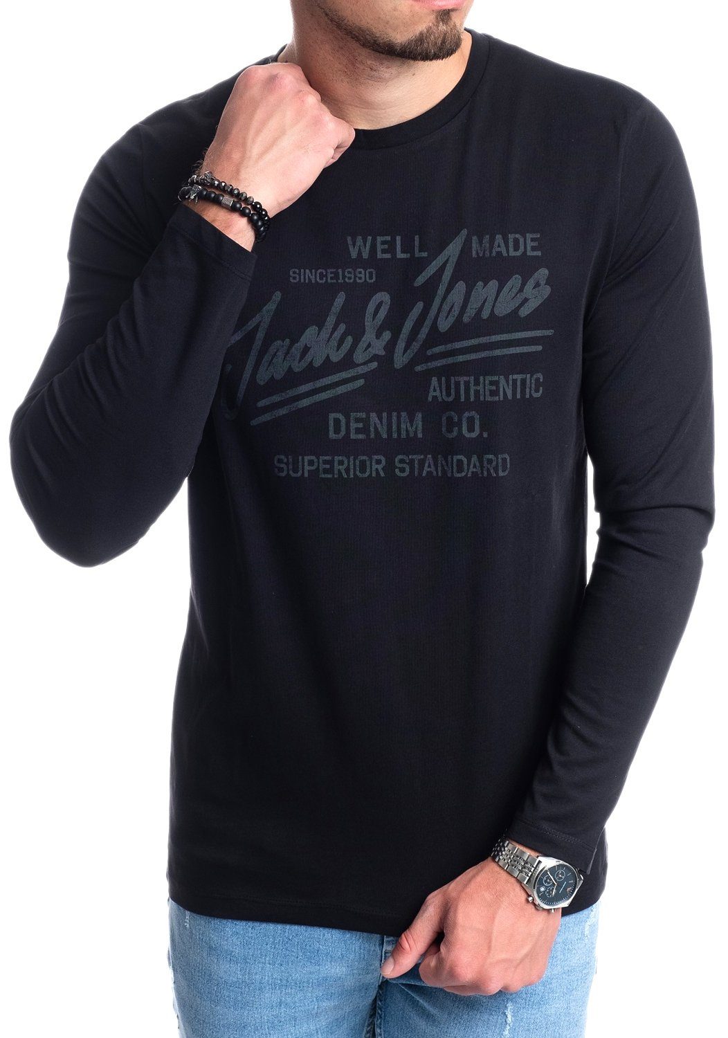 Jack & Jones Langarmshirt aus Baumwolle, mit Print vorne BlackOPT5-Grey