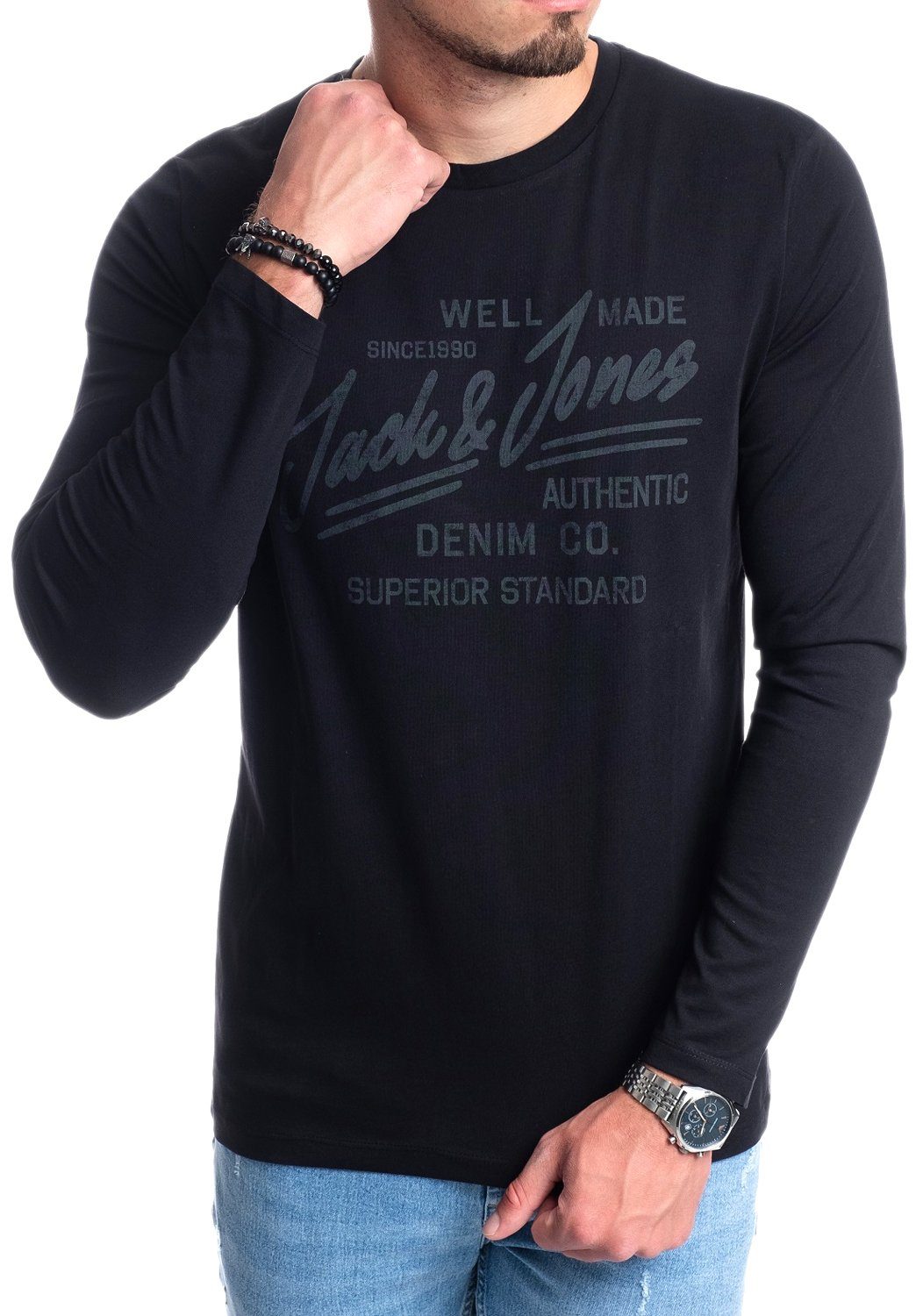 Jack & Jones Langarmshirt stilvolles Regular Fit Longsleeve mit Printdruck Bequemes Oberteil aus Baumwolle mit Rundhalsausschnitt