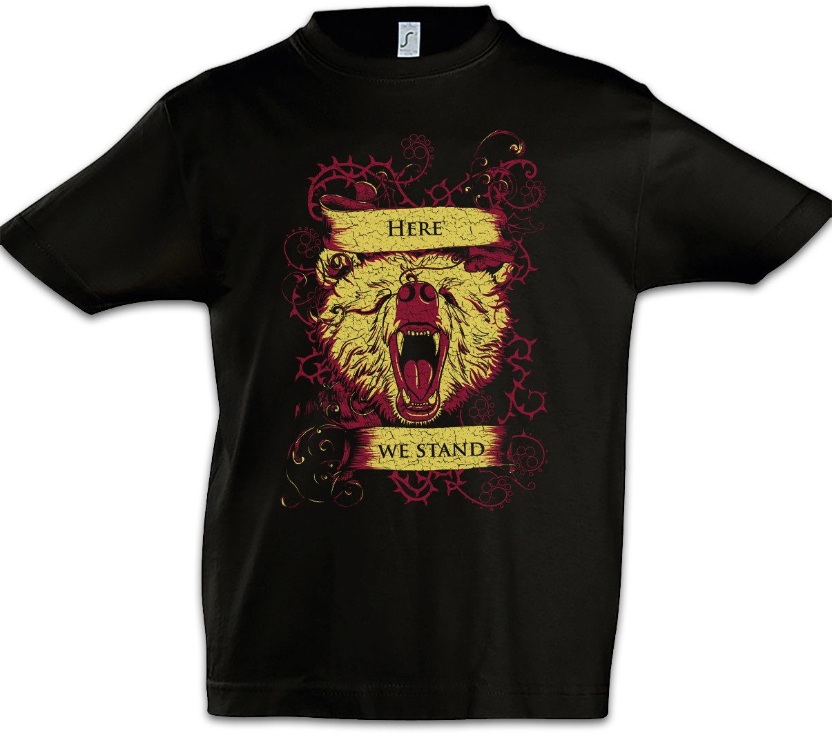 Print-Shirt Here We Stand Kinder T-Shirt Affe Cowboy Hut Stern Star Western Hat