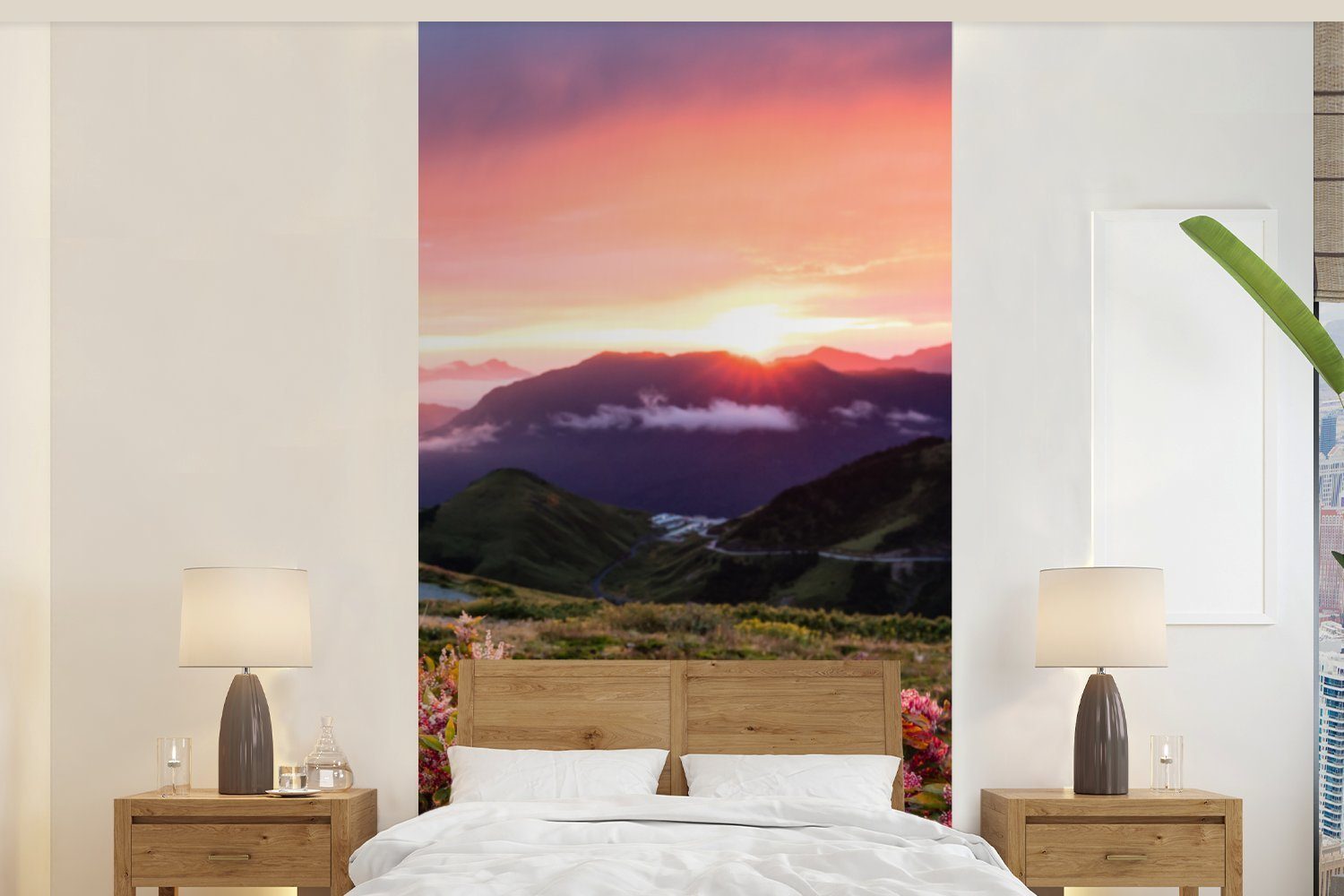 MuchoWow Fototapete Blumen - Berge - Landschaft - Nacht - Himmel - Rosa, Matt, bedruckt, (2 St), Vliestapete für Wohnzimmer Schlafzimmer Küche, Fototapete