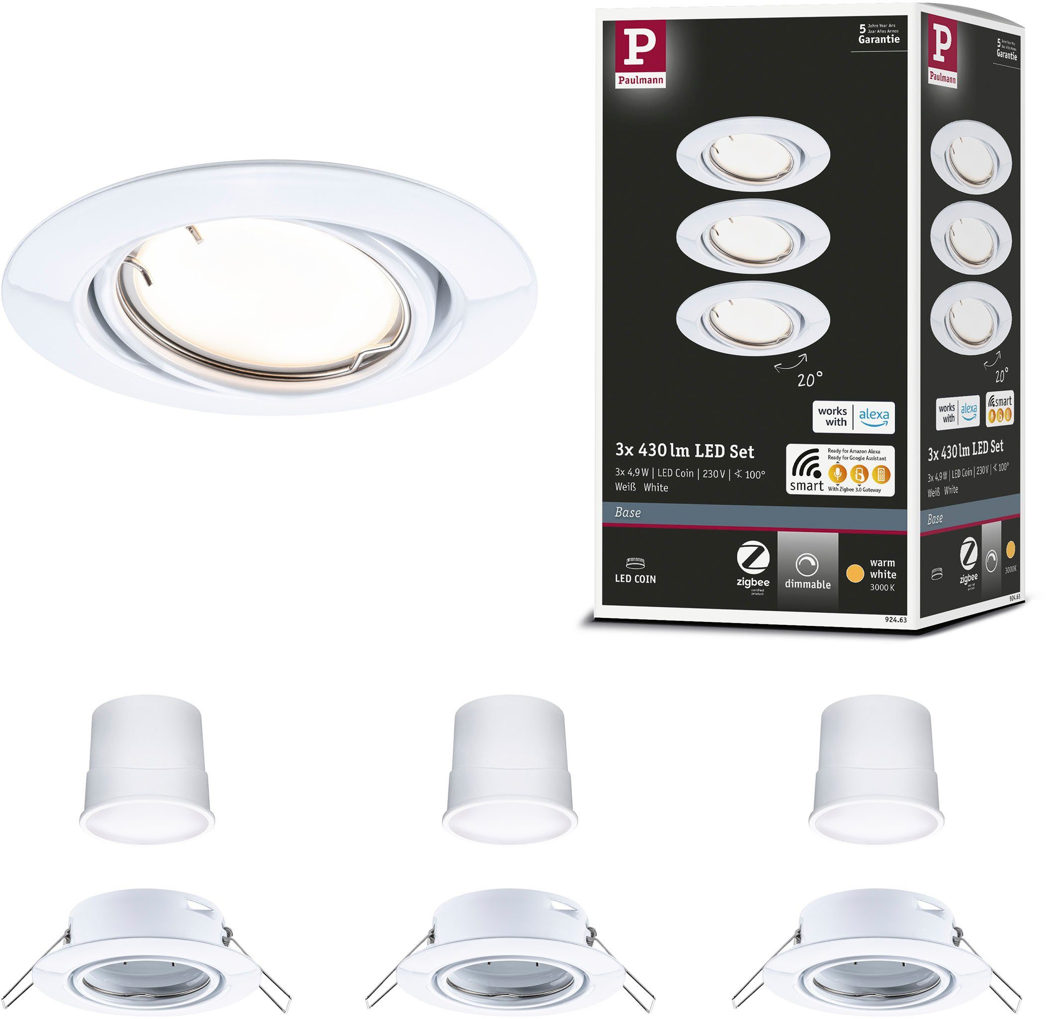 Paulmann LED Einbauleuchte Base Weiß, Warmweiß, 3x430lm 230V integriert, Basisset LED Zigbee fest
