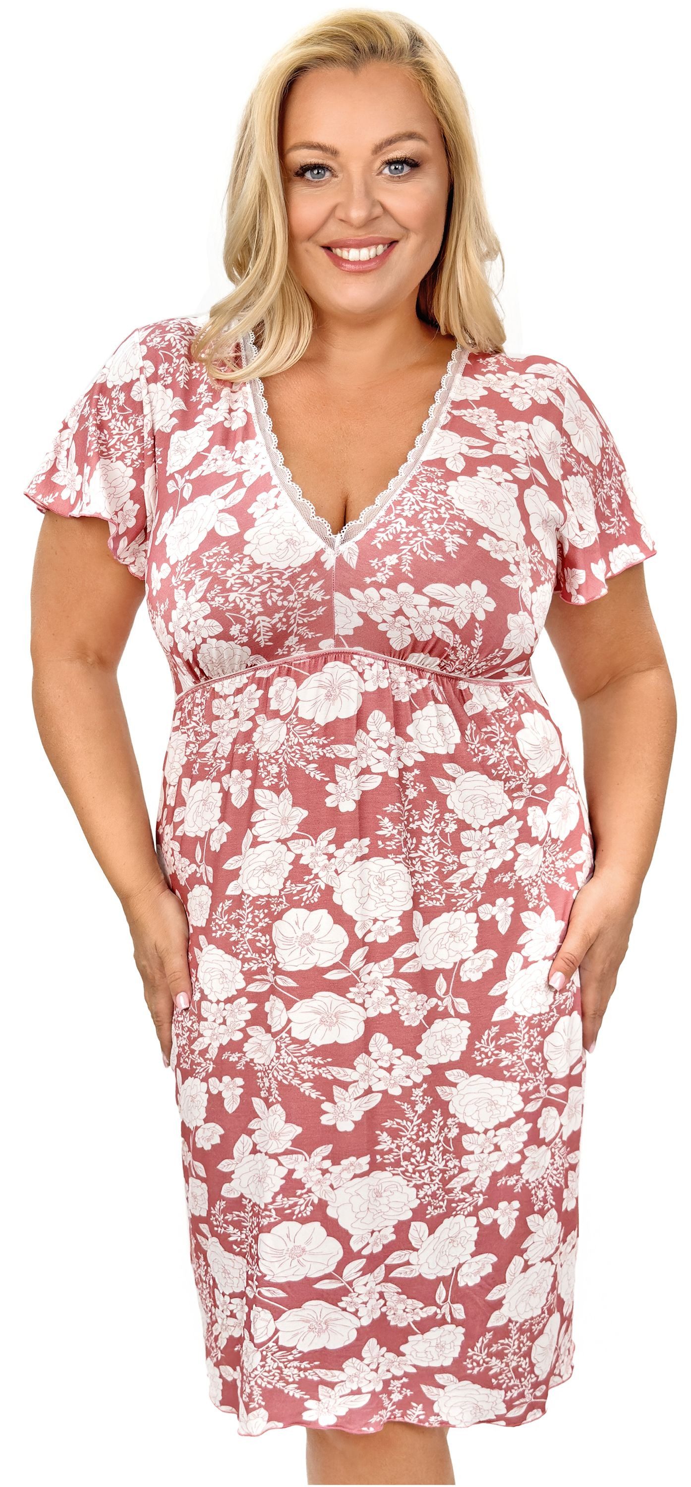 Donna Nachthemd Tina (Set, 1-tlg., 1-teilig) Damen Sleepshirt Plus Size ca.95cm Schlafshirt Kurzarm Spitze