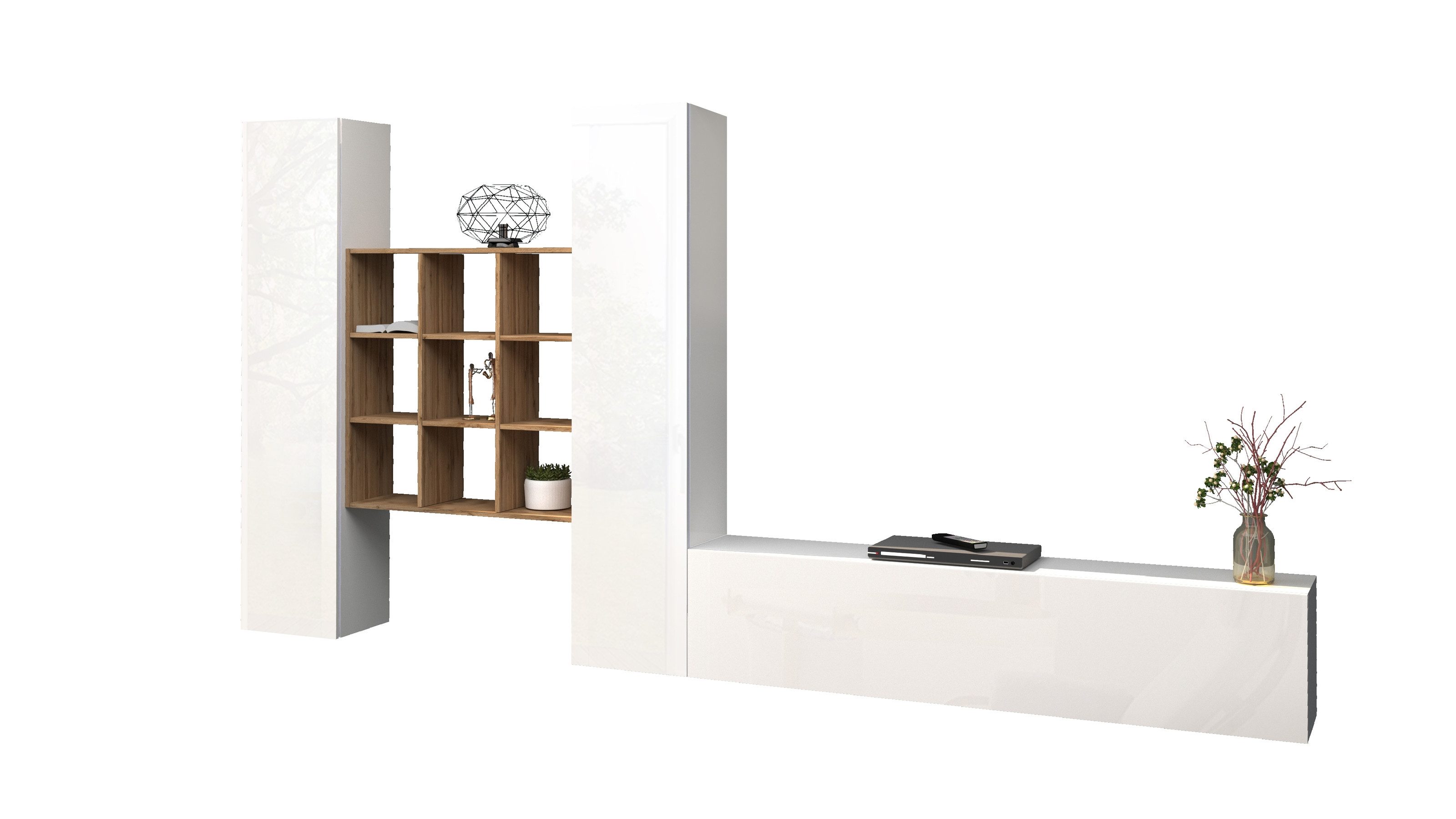 freiraum Wohnwand Benevent, (4-teilig), (4-teilig) in Weiß Hochglanz - 350x180x30 (BxHxT)