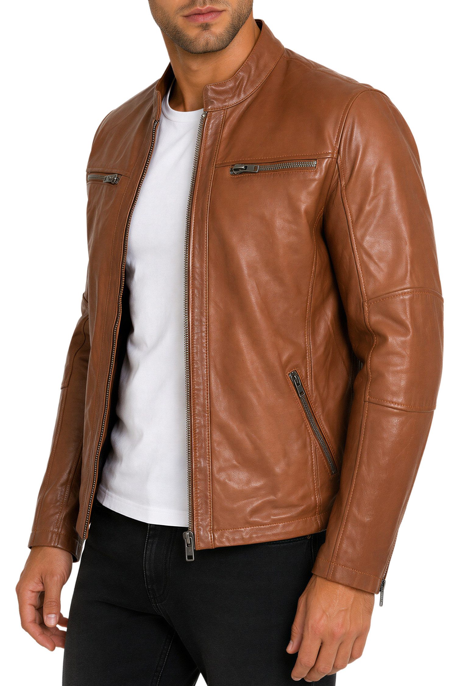 Reichstadt Lederjacke Herren Slim Fit Bikerjacke Silver Zipper 20RS20LUX Reißverschluss an den Ärmelenden – Bild 4 von 5