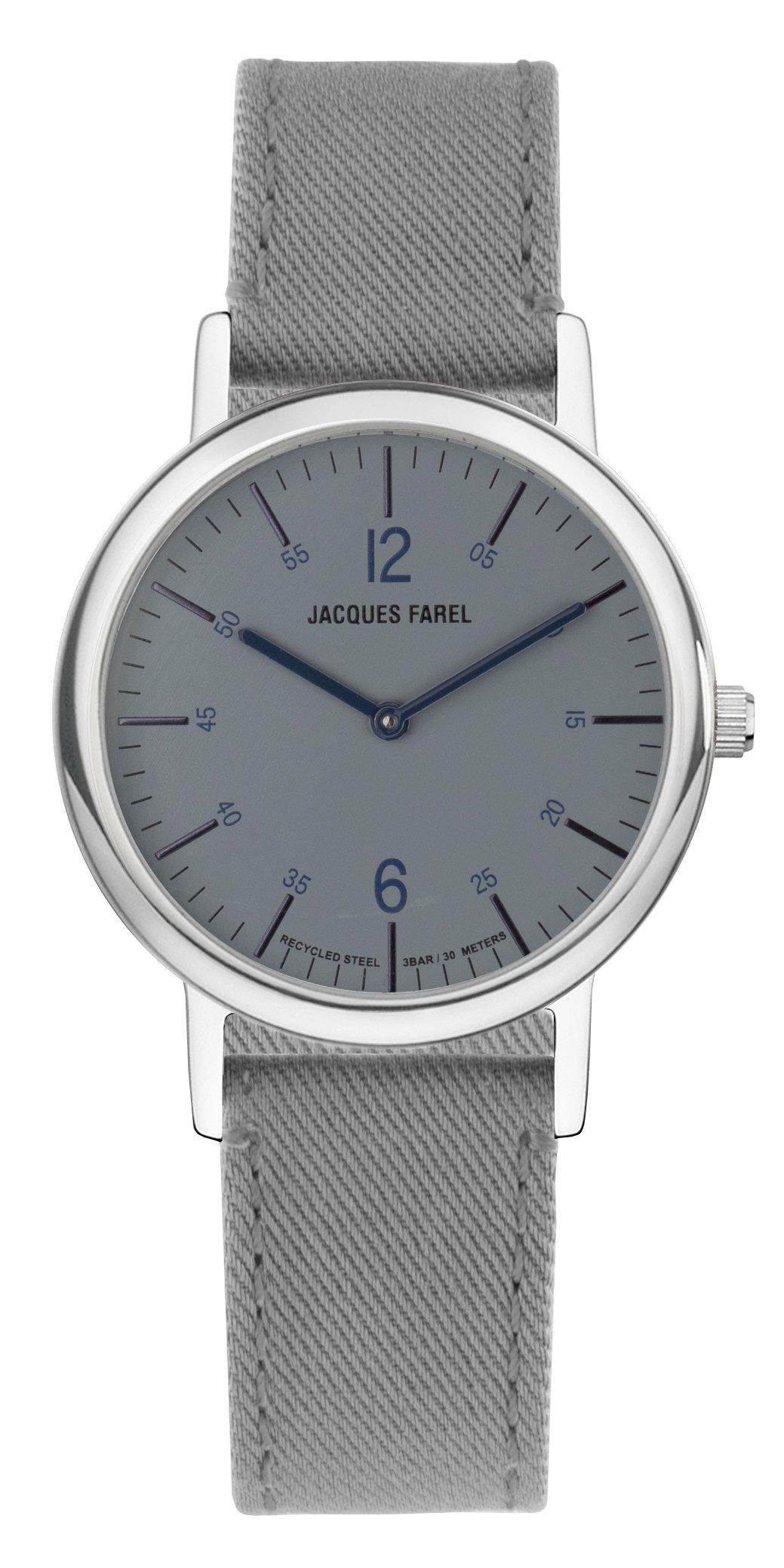 Jacques Farel Quarzuhr ORS6644 nachhaltige Damen Armbanduhr Recycling-Stahlgehäuse Lyocellband 3 bar, Analog Blau Grau Ökouhr ökologisch Geschenk Frauen Ø38 mm