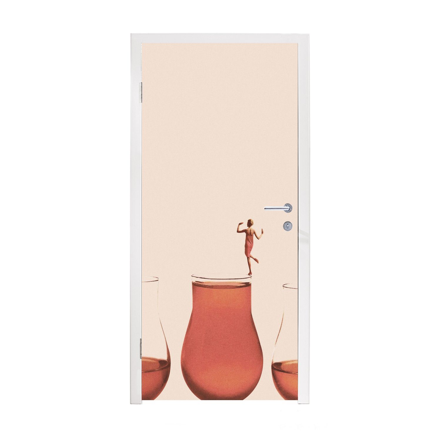 MuchoWow Türtapete Frau - Wein - Jahrgang, Matt, bedruckt, (1 St), Selbstklebende Tapete, Folie für Möbel, 75x205 cm
