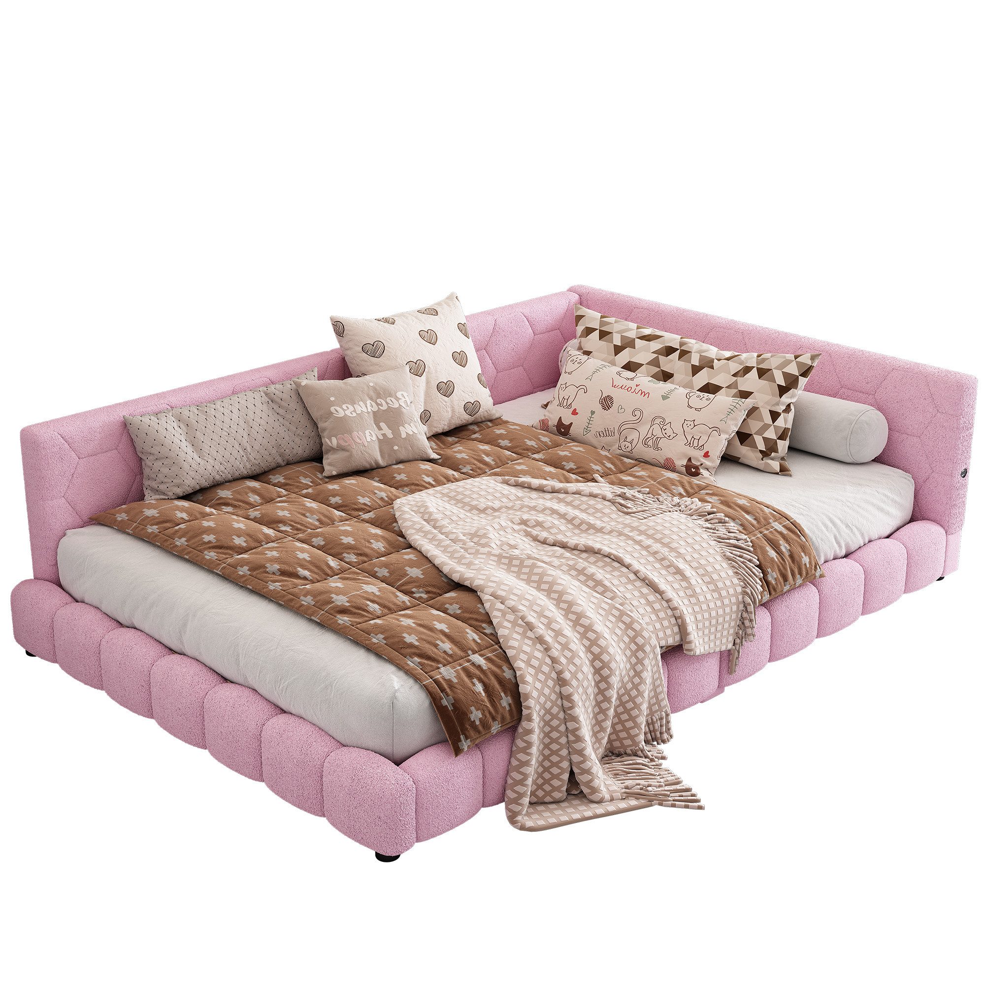 Welikera Schlafsofa 140*200cm Schlafsofa,16 Farben Umgebungslicht,USB-Anschluss,Sofabett, Daybed,Daybett,Funktionsbett,Weiß/Rosa