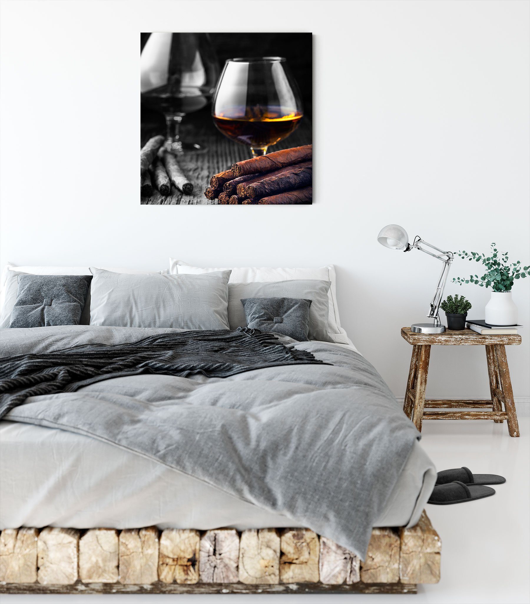 Pixxprint Leinwandbild Whisky mit Zigarren auf Holztisch, Whisky mit Zigarren auf Holztisch (1 St), Leinwandbild fertig bespannt, inkl. Zackenaufhänger