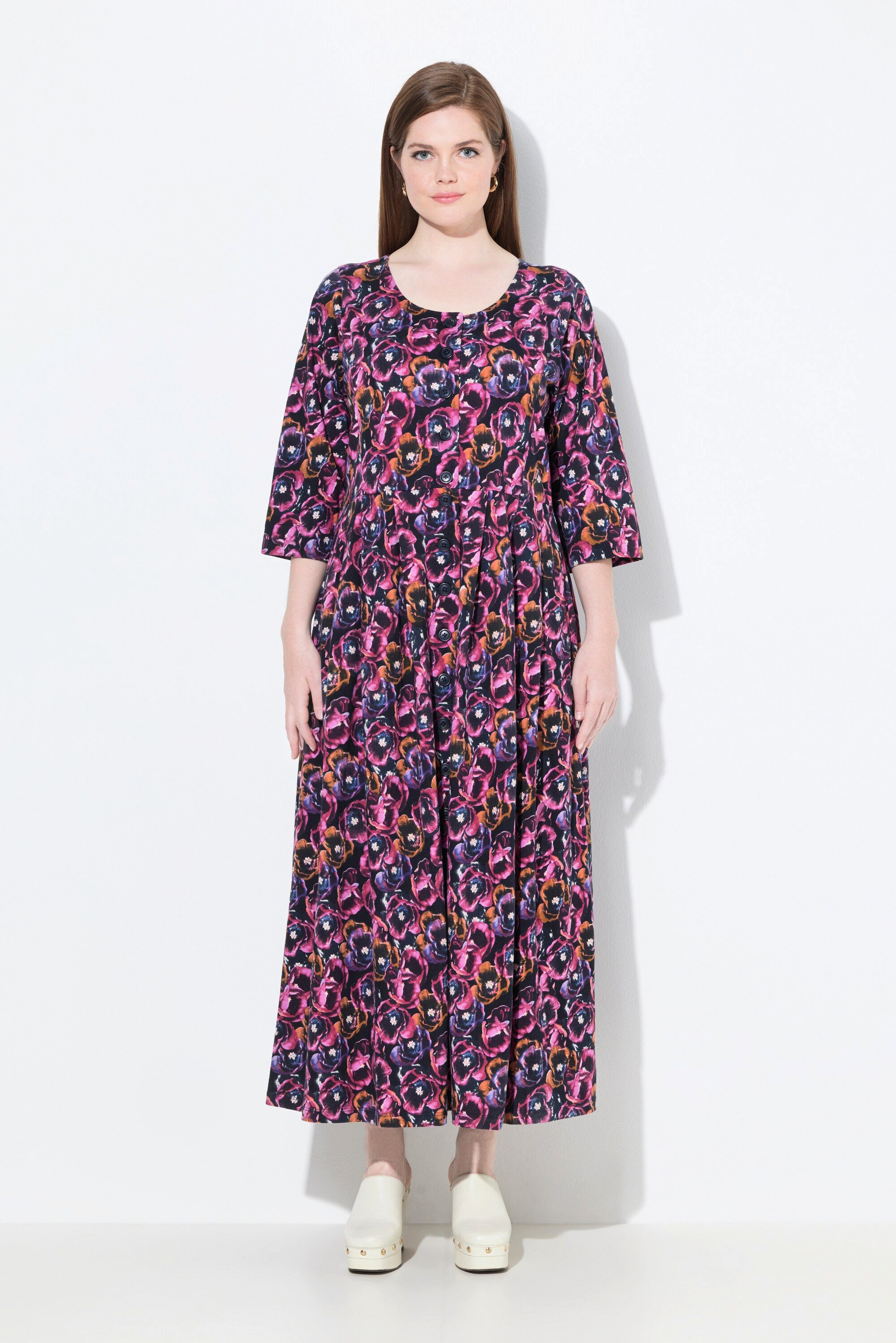 Ulla Popken Дирндль Jersey-Maxikleid Blüten Rundhals 3/4-Arm Taschen