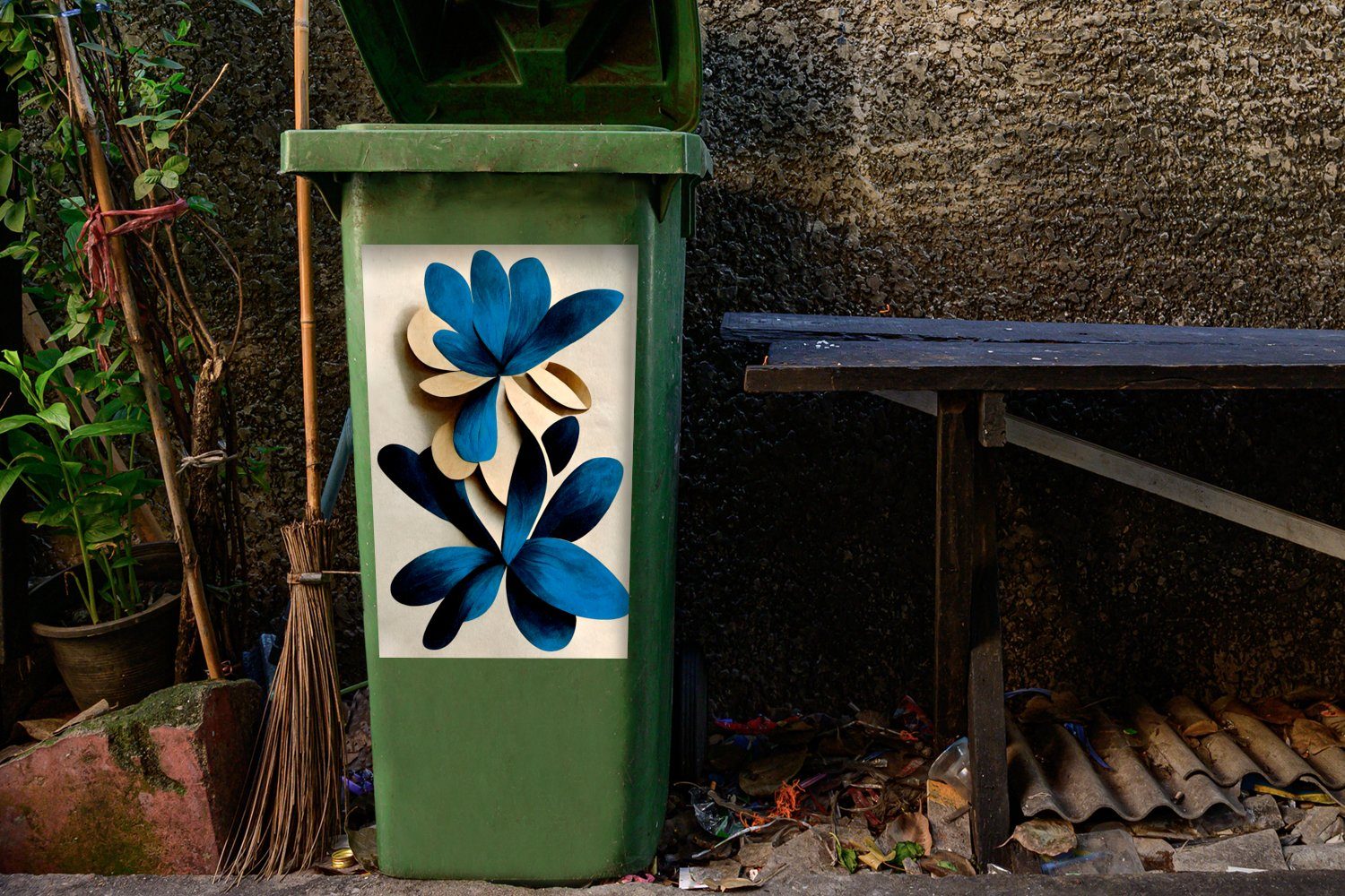MuchoWow Wandsticker Blätter - Pflanzen Mülleimer-aufkleber, Blau - (1 Mülltonne, St), Abfalbehälter - Sticker, Lilie Container