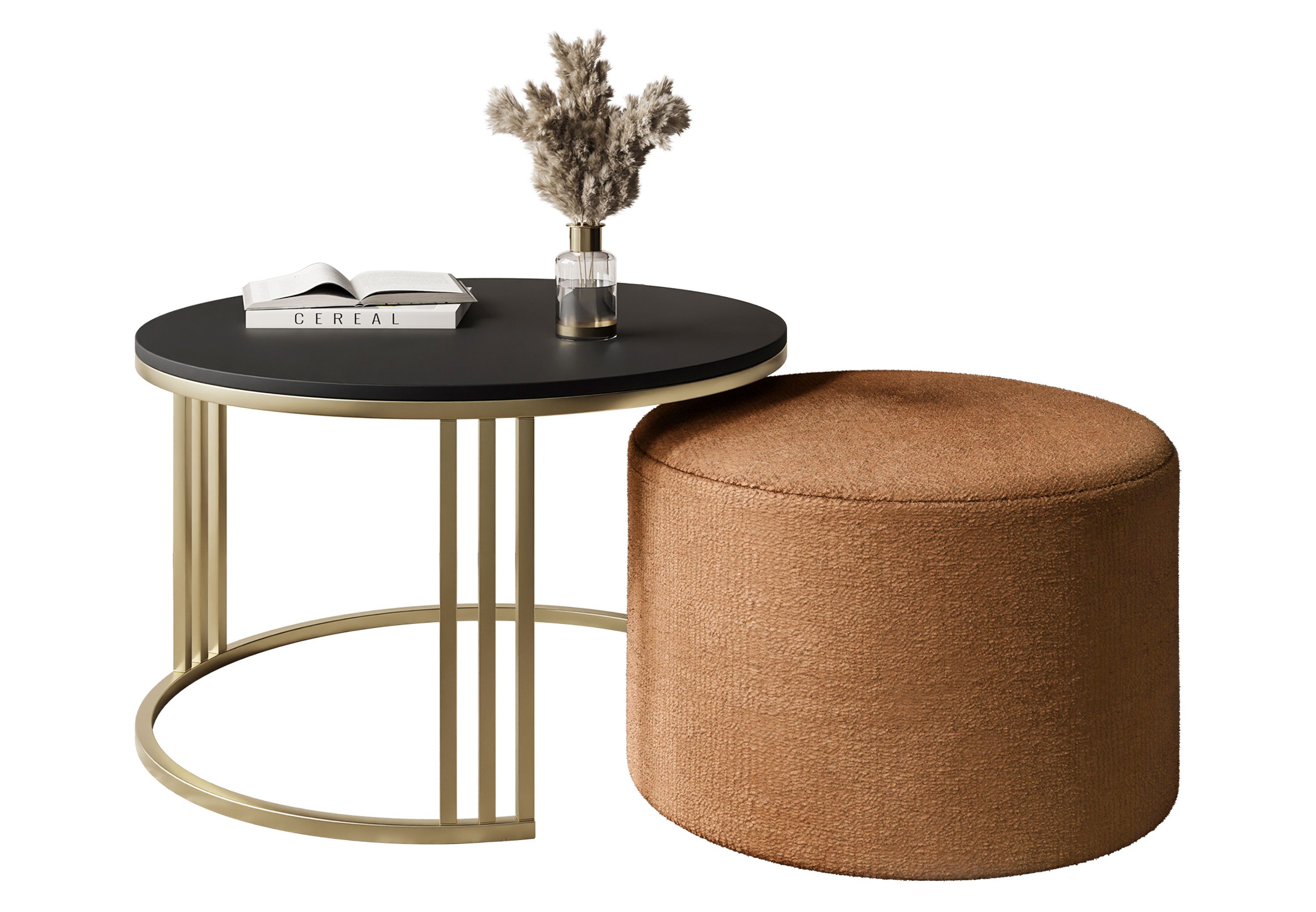 Lookway Couchtisch LORI MATT mit Hocker auf einem gebürsteten goldenen Gestell (1 Tisch mit Hocker), Durchmesser: ⌀70 cm