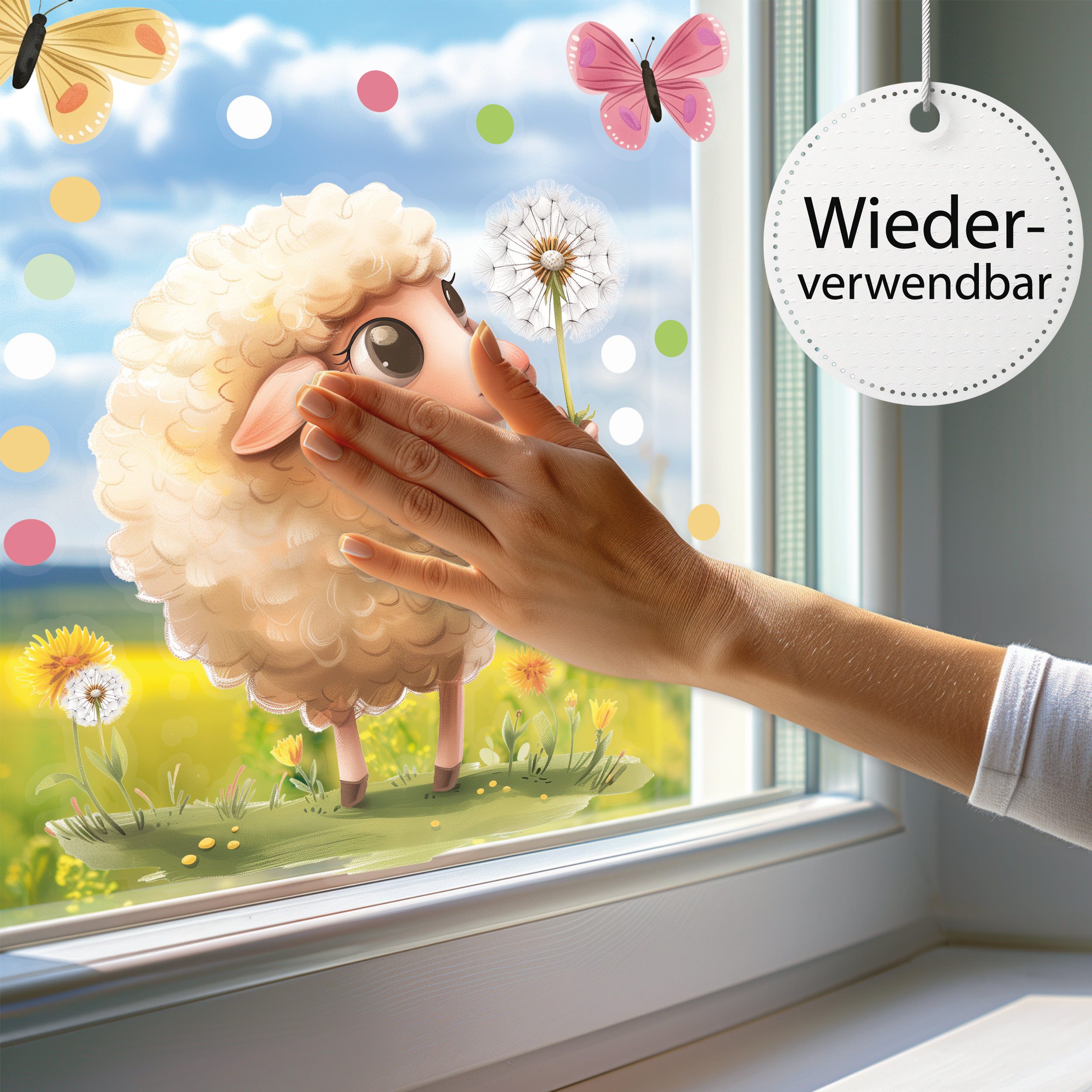 Sunnywall Fensterdekoration wiederverwendbares Fensterbild Niedliches Schaf mitPusteblume, wiederverwendbar, statisch haftend, beidseitiger Druck