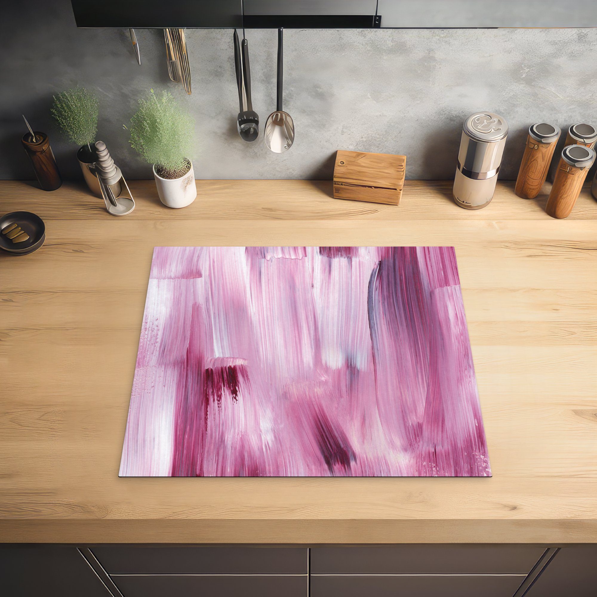 tlg), Mobile Vinyl, - 60x52 cm, Arbeitsfläche Farben Herdblende-/Abdeckplatte (1 - nutzbar, MuchoWow Rosa, Farbe Ceranfeldabdeckung