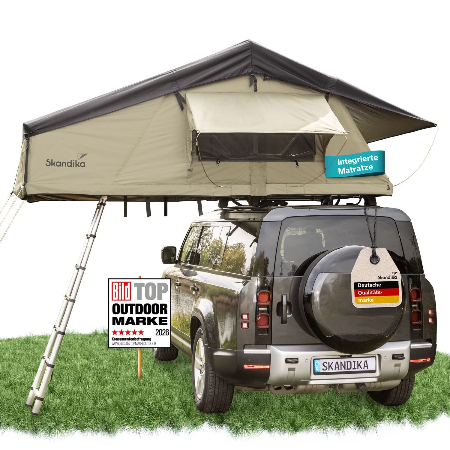 Skandika Dachzelt Freeland 240 x 140, für 2 Personen, Set mit Vorzelt, 2 Eingänge, Personen: 2 (Wasserfest 3000 mm, Aufbewahrungstasche mit Kompressionsbändern), Eingangstür, Seitenfenster und Dachfenster mit Moskitonetz, UPF 50+