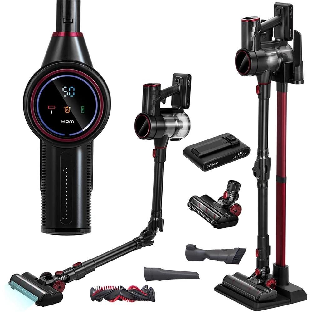 MPM Akku-Handstaubsauger MOD-72, 400 W, 0,75-Liter-Zyklon-Staubbehälter, 2-in-1, GoFlex-Rohr, Digitalmotor, Touchdisplay, 45 Min., Ladestation