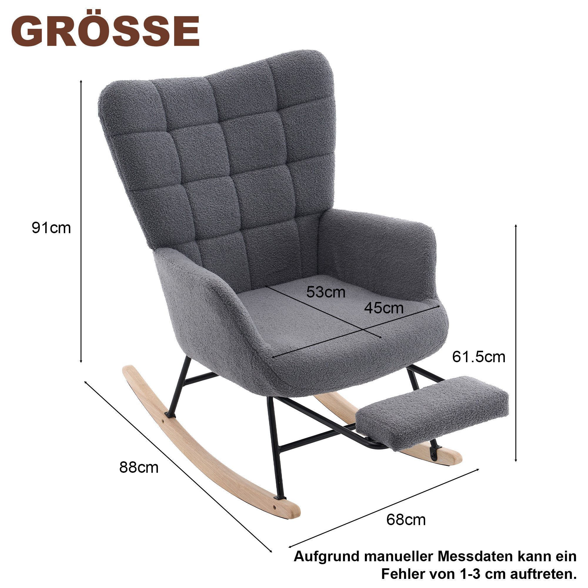REDOM Schaukelstuhl Design-Ruhesessel – weiche Polster & sanfte Schaukelbewegung (Grau, 68×88×91 cm, für moderne Räume, 1 St), ausziehbare Fußstütze, stabil, elegante Optik