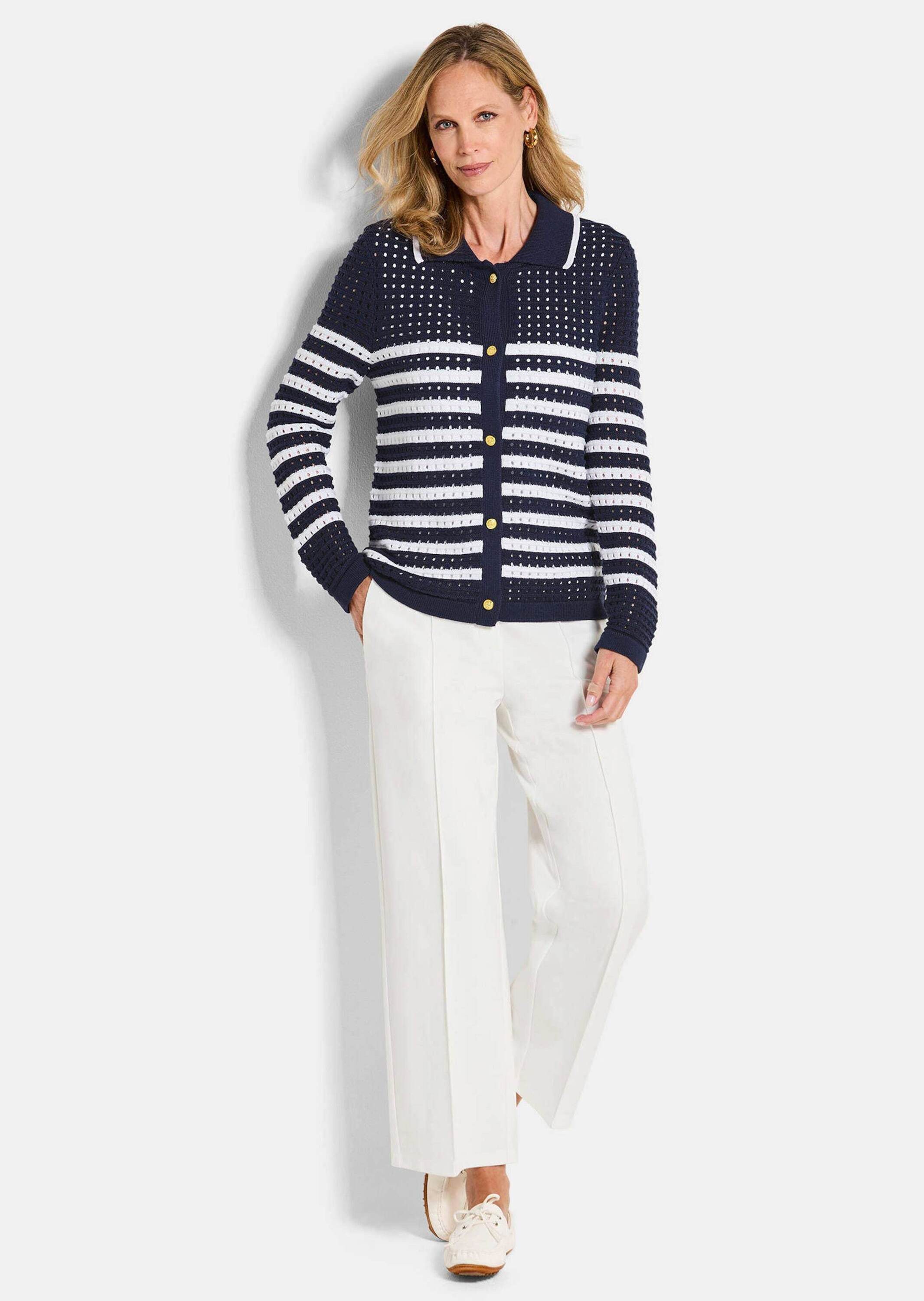 GOLDNER Strickjacke Kurzgröße: Polopullover mit Lochmuster Baumwolljacke mit Polokragen, Knopfleiste und Langarm