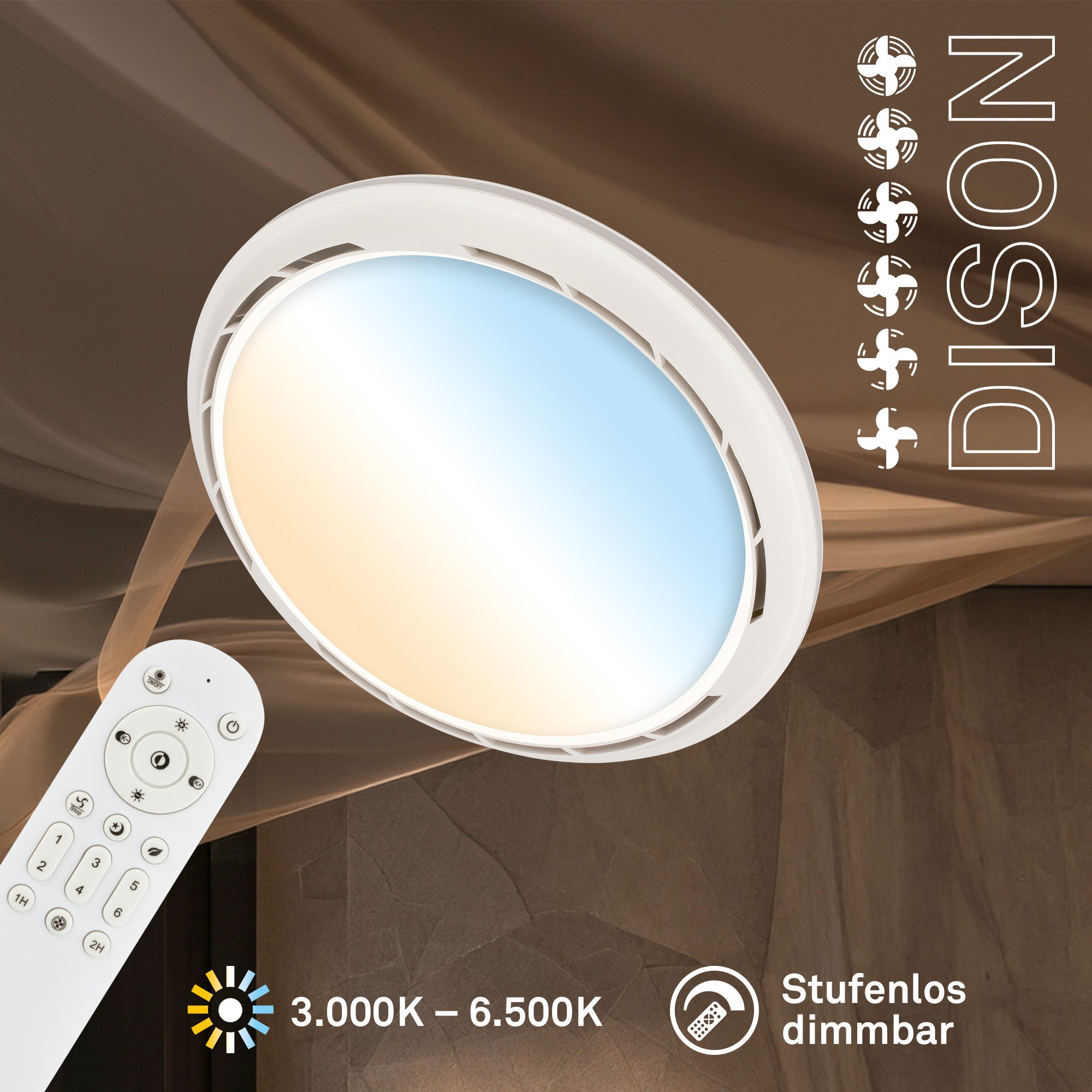 Briloner Leuchten LED Deckenleuchte Deckenventilator mit Licht CCT Fernbedienung Dimmbar, LED fest integriert, 6500K - Kaltweiß, 4000K - Neutralweiß, 3000K - Warmweiß, CCT Farbtemperatursteuerung - Warmweiß / Neutralweiß / Kaltweiß, 5500-6500K - Tageslichtweiß, 44x17,5 cm, Schlafzimmer, Wohnzimmer, Esszimmer, Flur, Küche