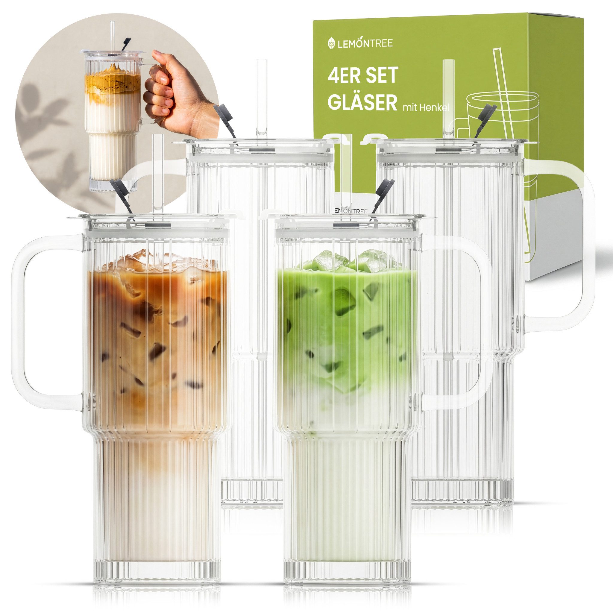 Lemontree Gläser-Set Glasbecher mit Deckel und Strohhalm 2er Set – 760ml Trinkgläser, 4-tlg., Borosilikatglas, Geriffelte Trinkgläser mit Deckel – auslaufsicherer Smoothie Becher