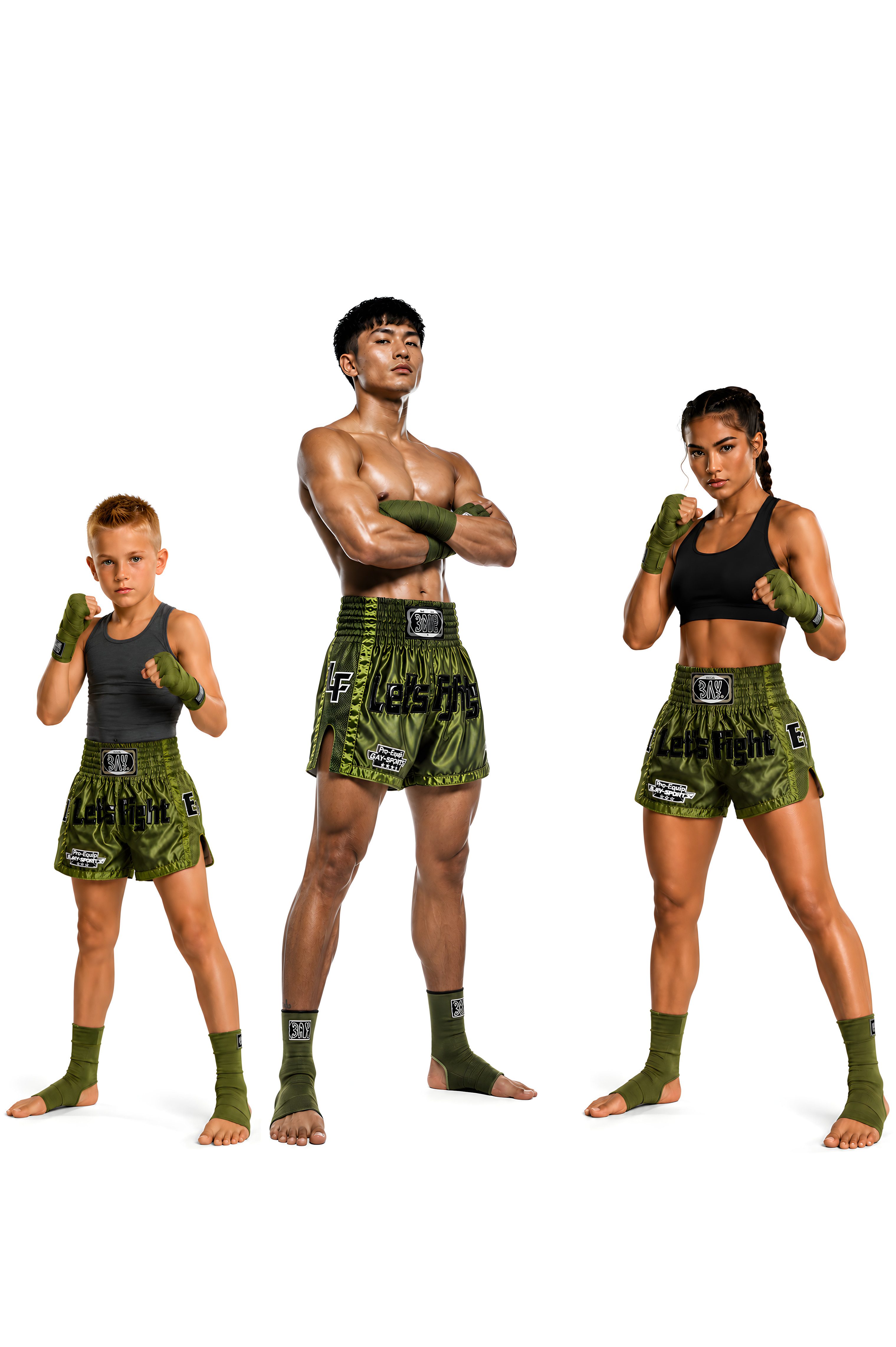 BAY-Sports Sporthose Let´s Fight olive Thaiboxhose Muay Thai Shorts Thaiboxen MMA Kickboxen (Stück) Moderne sublimierte Short, Mesh Einsätzen, attraktiven Applikationen