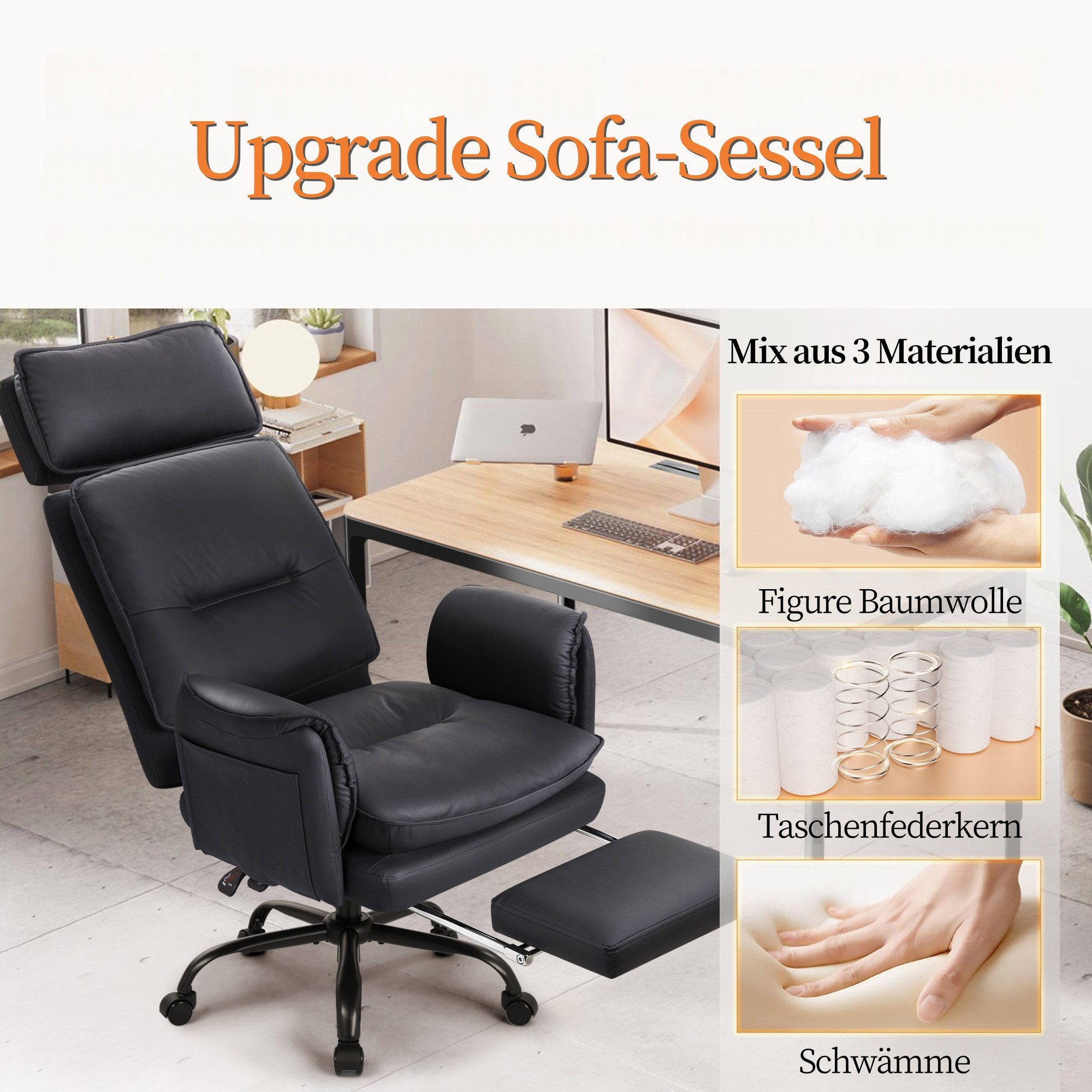 IWMH Bürostuhl Ergonomisch PU-Leder Chefsessel (Höhenverstellbar Schreibtischstuhl mit Kopfstütze und Fußstütze), Drehstuhl für Arbeitszimmmer Konferenzraum Büro Gaming