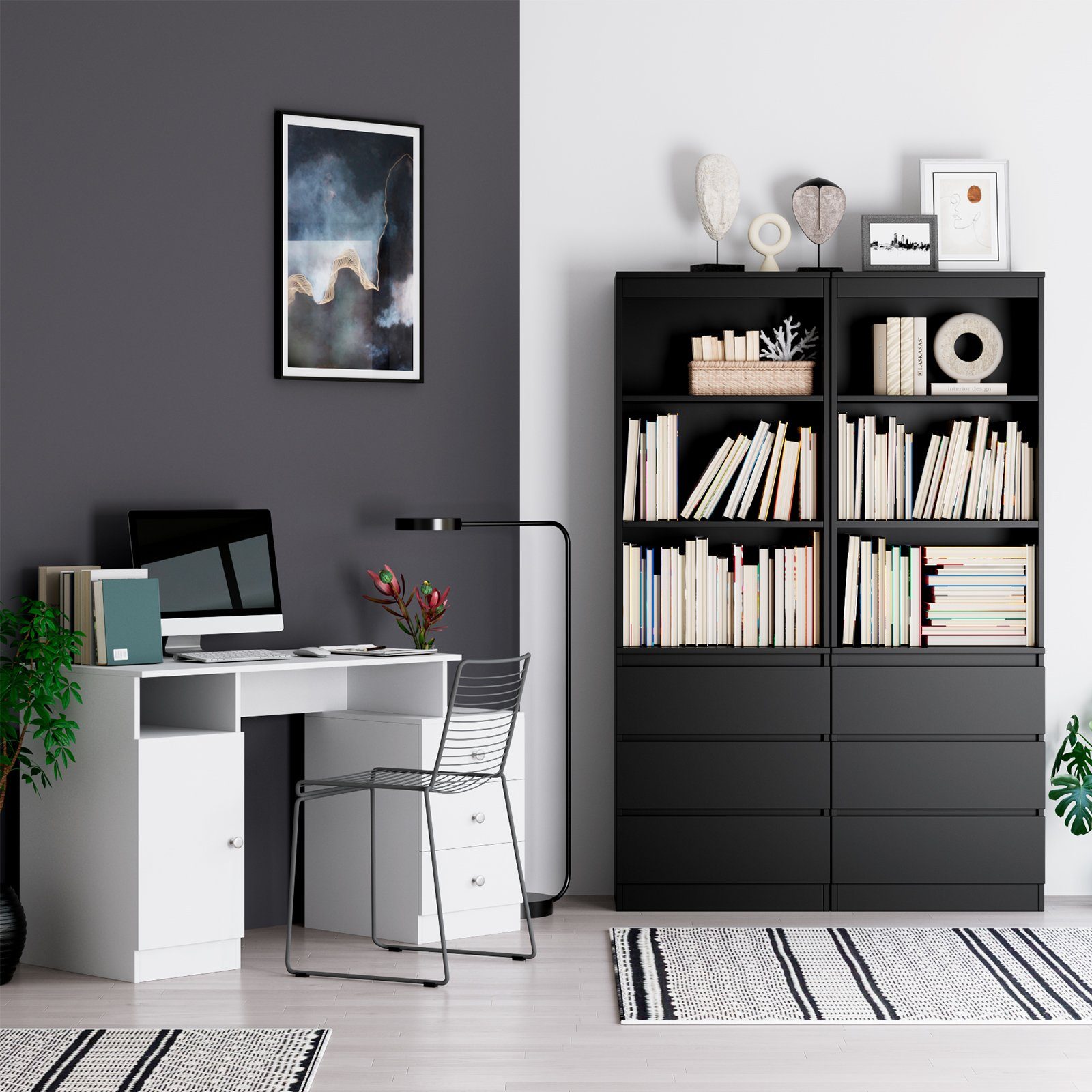 Homfa Hochschrank Bücherregal Bücherschrank mit 3 Schubladen Vitrinenschrank schwarz