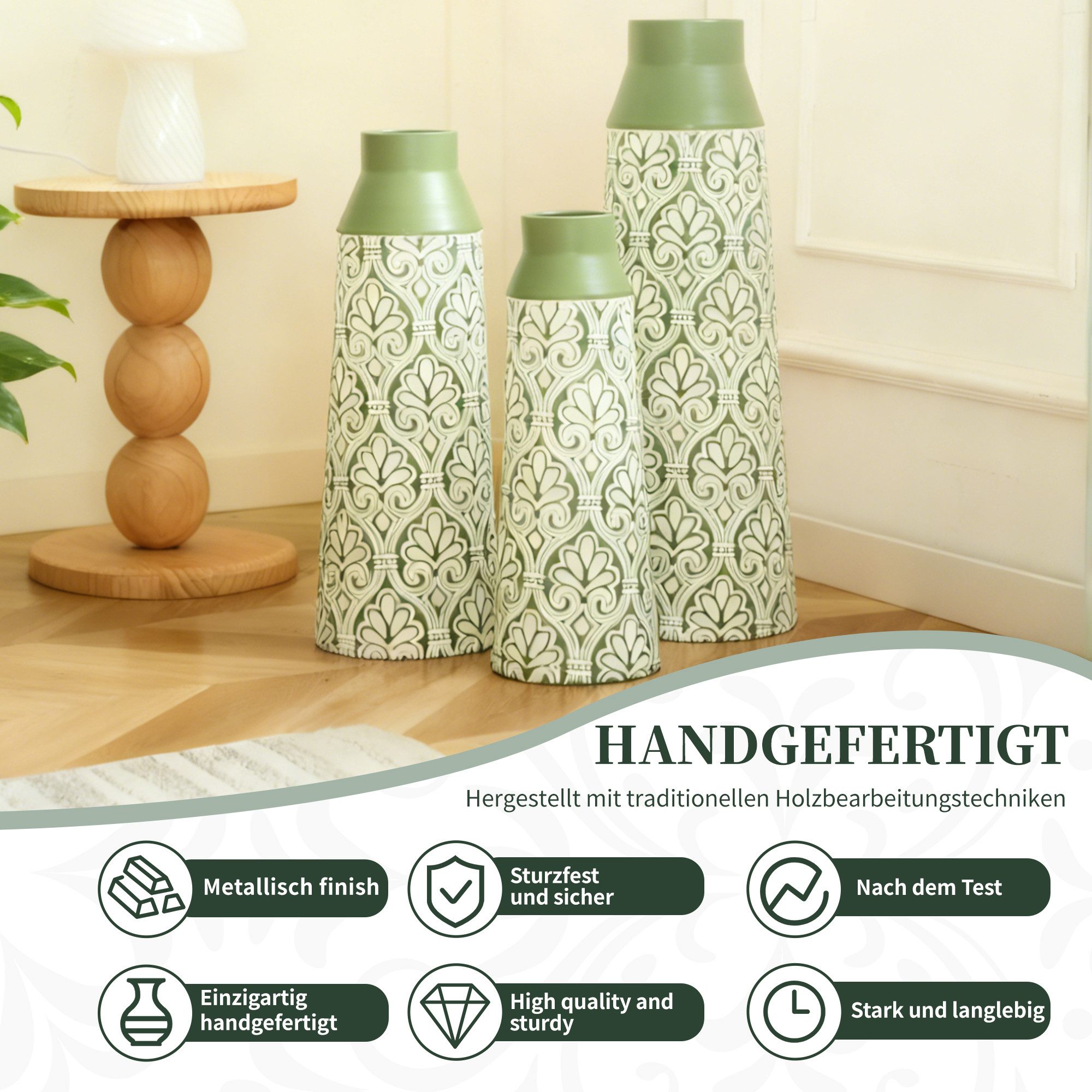 HAUSS SPOLE Bodenvase 3-tlg Dekovasen nicht Wasserdicht,Metallvase Retro Ornament,Grün (für Trockenblumen, Pampasgras oder Kunstblumen), als dekorativer Blickfang auf Boden