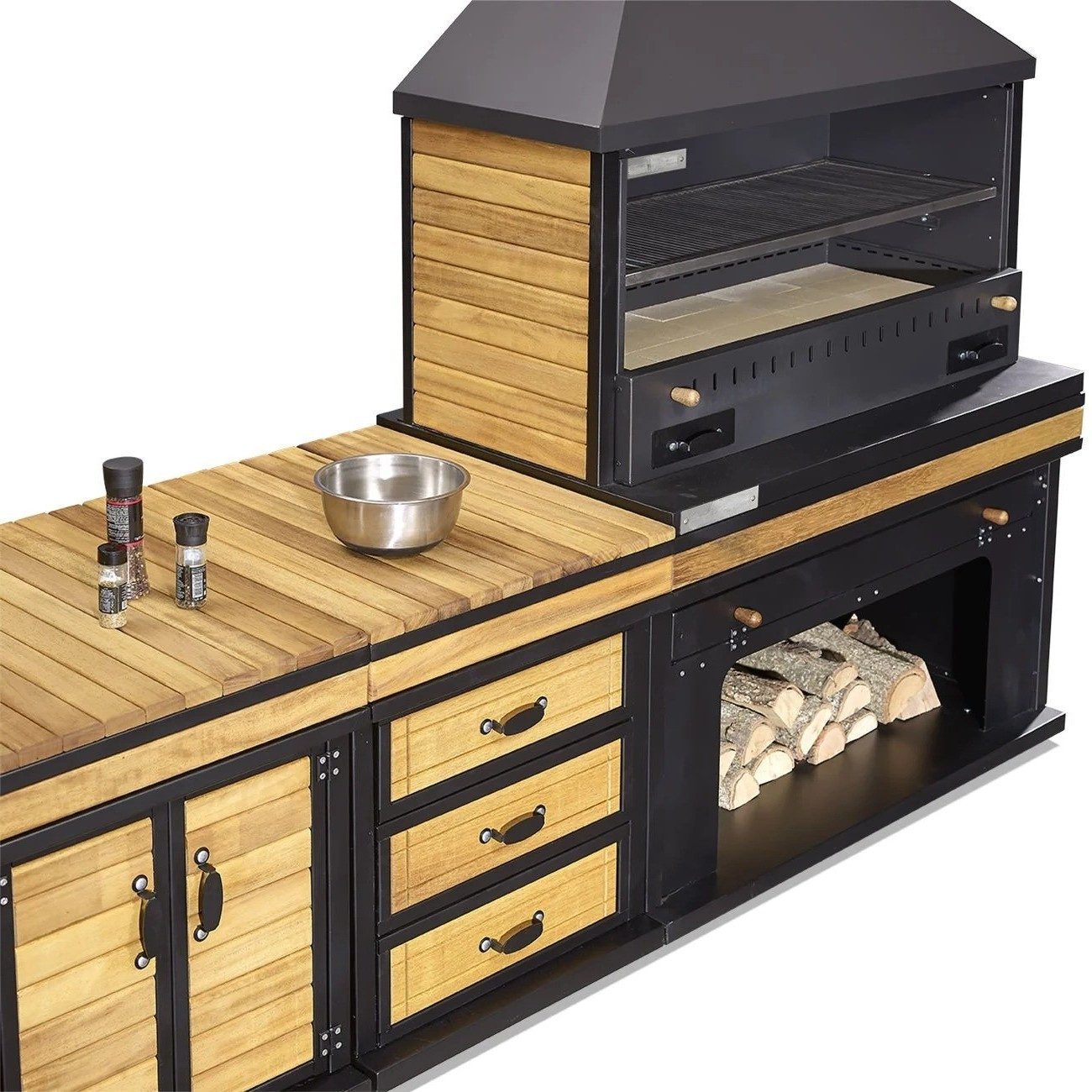 Xlmoebel Outdoor-Küche XLMOEBEL Außenküche Holz Edelstahl schwarz, modern und wetterfest, Made in Europa