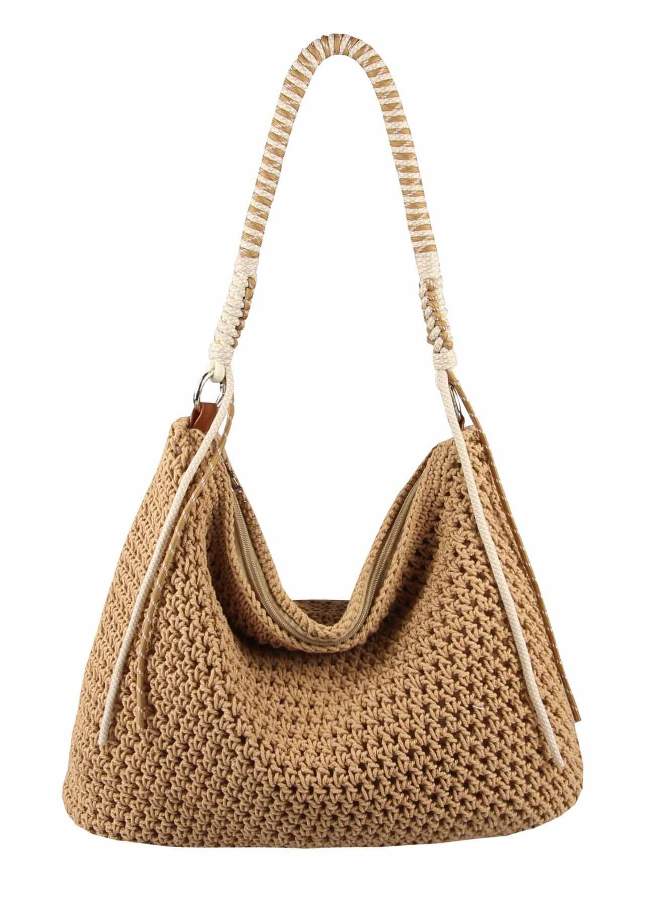 ITALYSHOP24 Schultertasche DAMEN TASCHE Boho Shopper Strohtasche Hobo Geflecht Häkeltasche Textil, Sommer Basttasche Strand Retro Reise Freizeit Urlaub Beuteltasche