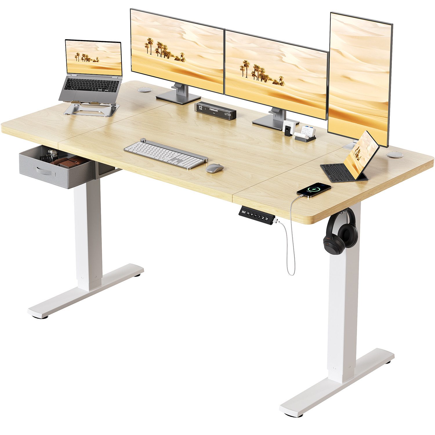HOMALL Schreibtisch mit Memory-Funktion, höhenverstellbar, breitere Tischplatten (Tischbreite 140/160/180*80 cm, mit Schublade, ausgestattet mit USB-Ladeanschluss, bestehend aus vier Platten)