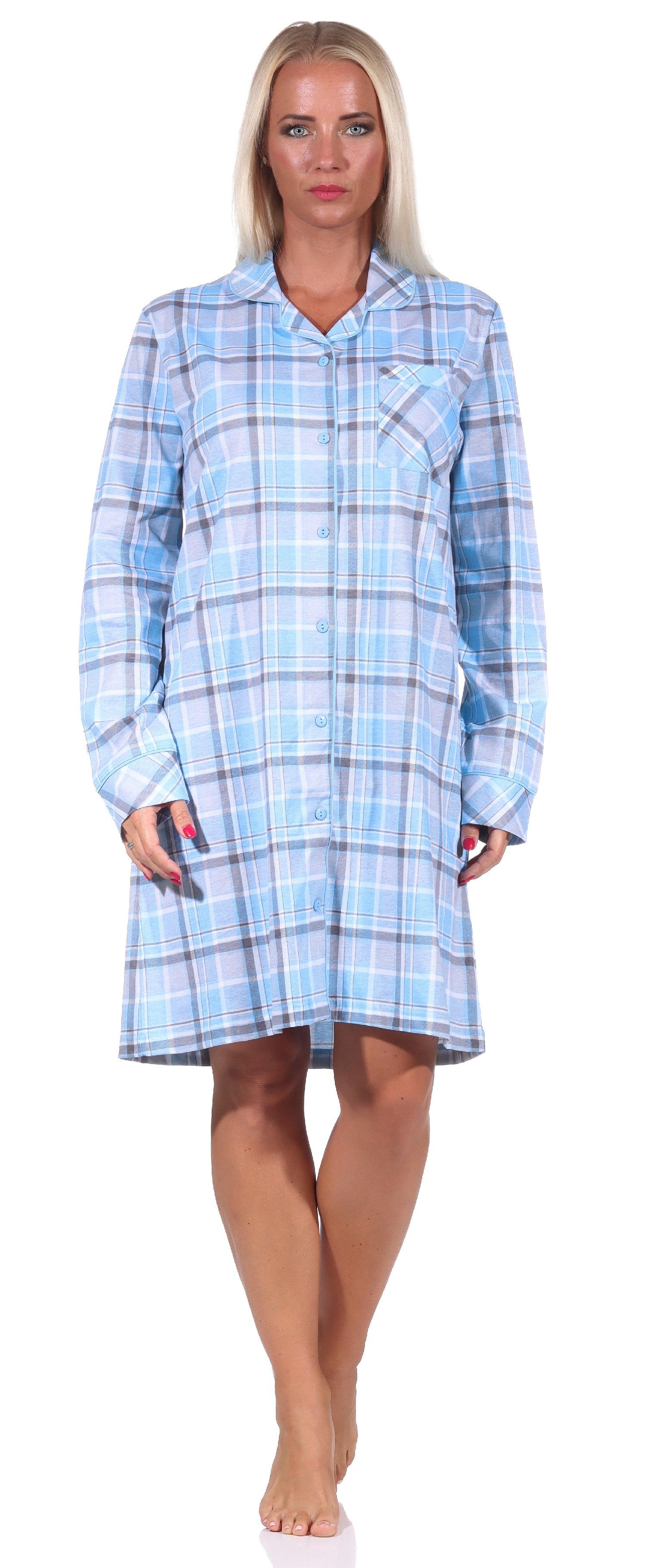 Normann Nachthemd Damen Nachthemd langarm in Karopotik zum knöpfen in Jersey Qualität hellblau