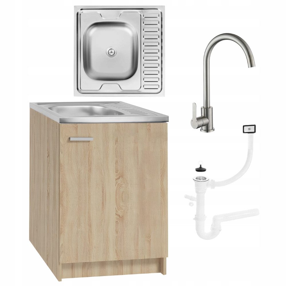STAMAR Spülenschrank Küchenschrank 60cm Sonoma Eiche Deante Spüle Hocharmatur XXL Standschrank 60cm Tiefe Edelstahl 41cm Geschirrspüler Komplett Set