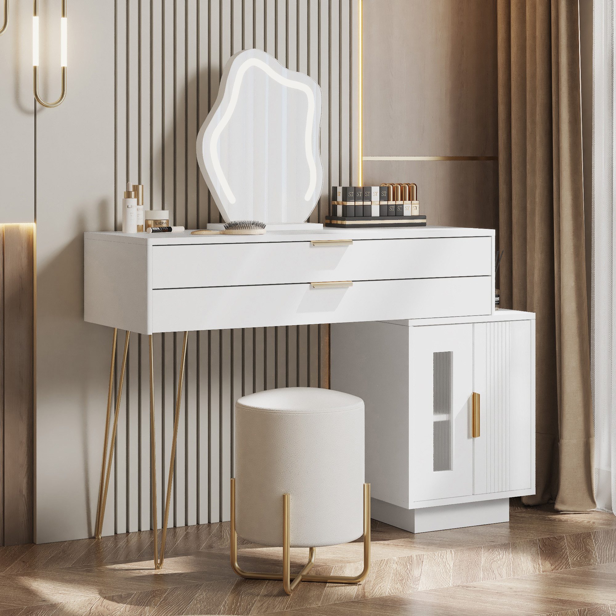 Merax Schminktisch mit LED-Bleuchtung und Spiegel in Wolkenform, Frisiertisch mit Seitenschrank und Schubladen, Kosmetiktisch – Bild 4 von 5