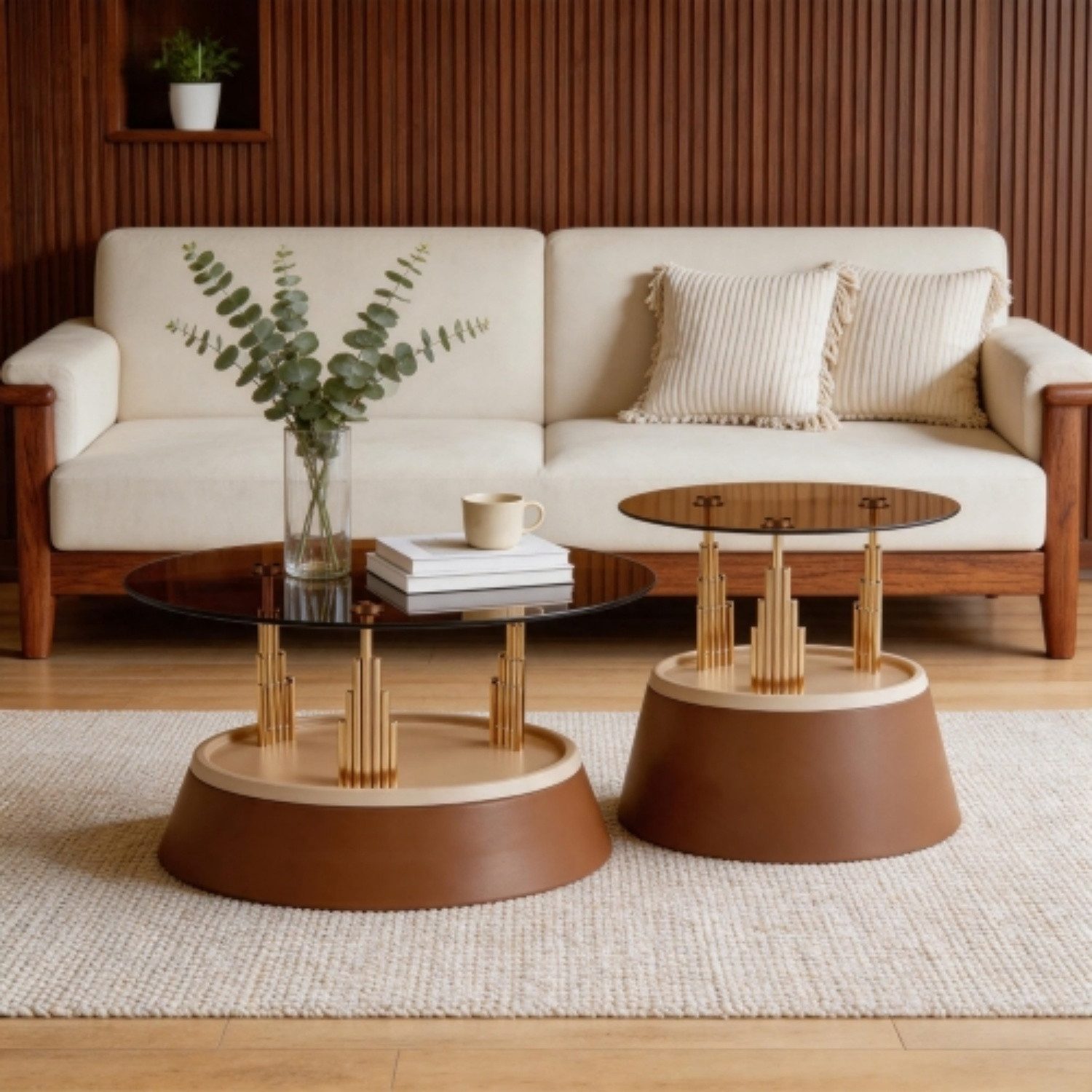 ANYSUN Couchtisch 2er Satztisch-Set rund, gehärtetes Glas, Metallgestell, Wohnzimmer (2-teiliges Set), Flexibel kombinierbar, pflegeleicht, ca. Ø70/H40 & Ø50/H48 cm
