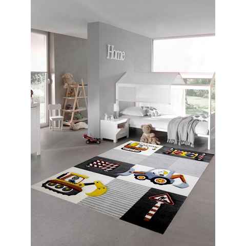 Kinderteppich Kinderzimmer Teppich Spielteppich Baustelle Kran Bagger Straßenschilder grau creme gelb, Teppich-Traum, rechteckig, Höhe: 13 mm