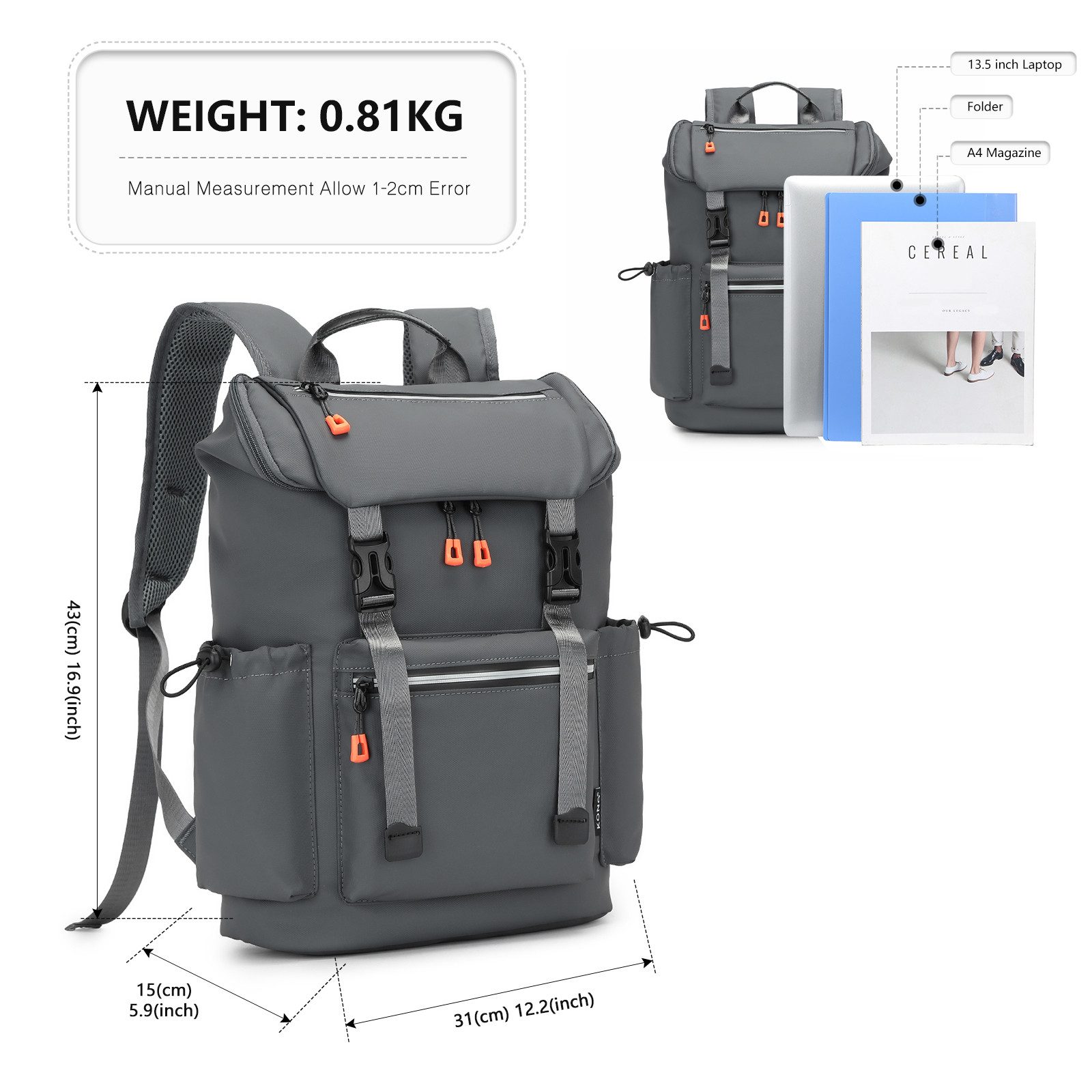 KONO Tagesrucksack Herren, Backpack Tragbarkeit Reiserucksack Wasserdicht für Reisen