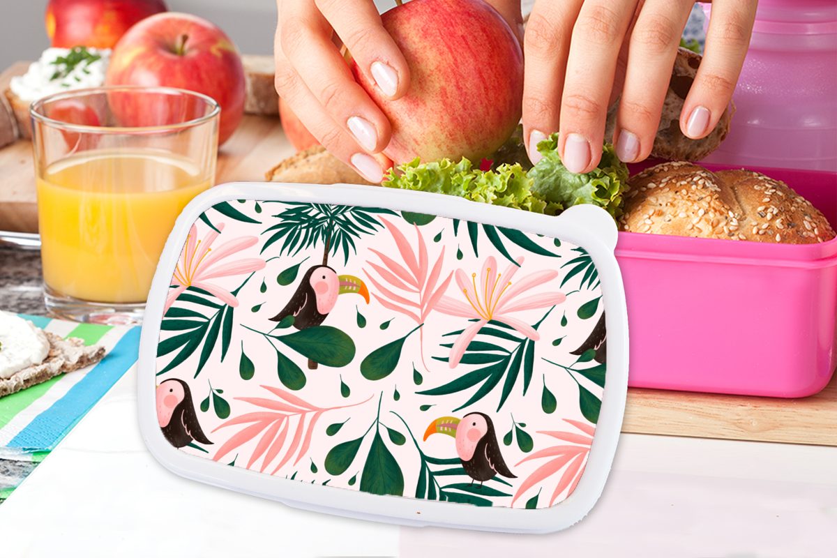 MuchoWow Lunchbox - (2-tlg), Kinder, Brotbox Kunststoff Brotdose Blatt Vogel für Dschungel, Mädchen, - Snackbox, rosa Tukan - Erwachsene, Kunststoff