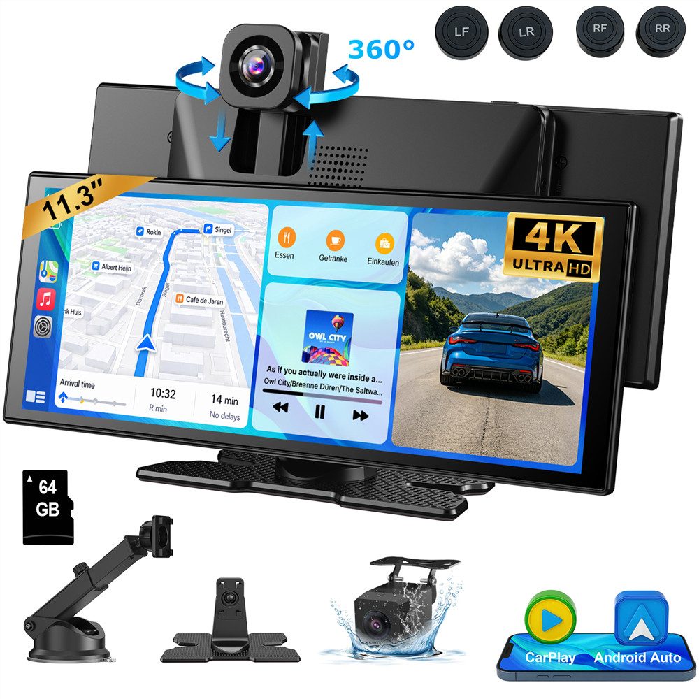 ESSGOO 11,3" Carplay Android Auto 360° Dashcam mit Rückfahrkamera Spiegel Navigationsgerät (Wireless Carplay Android Auto)