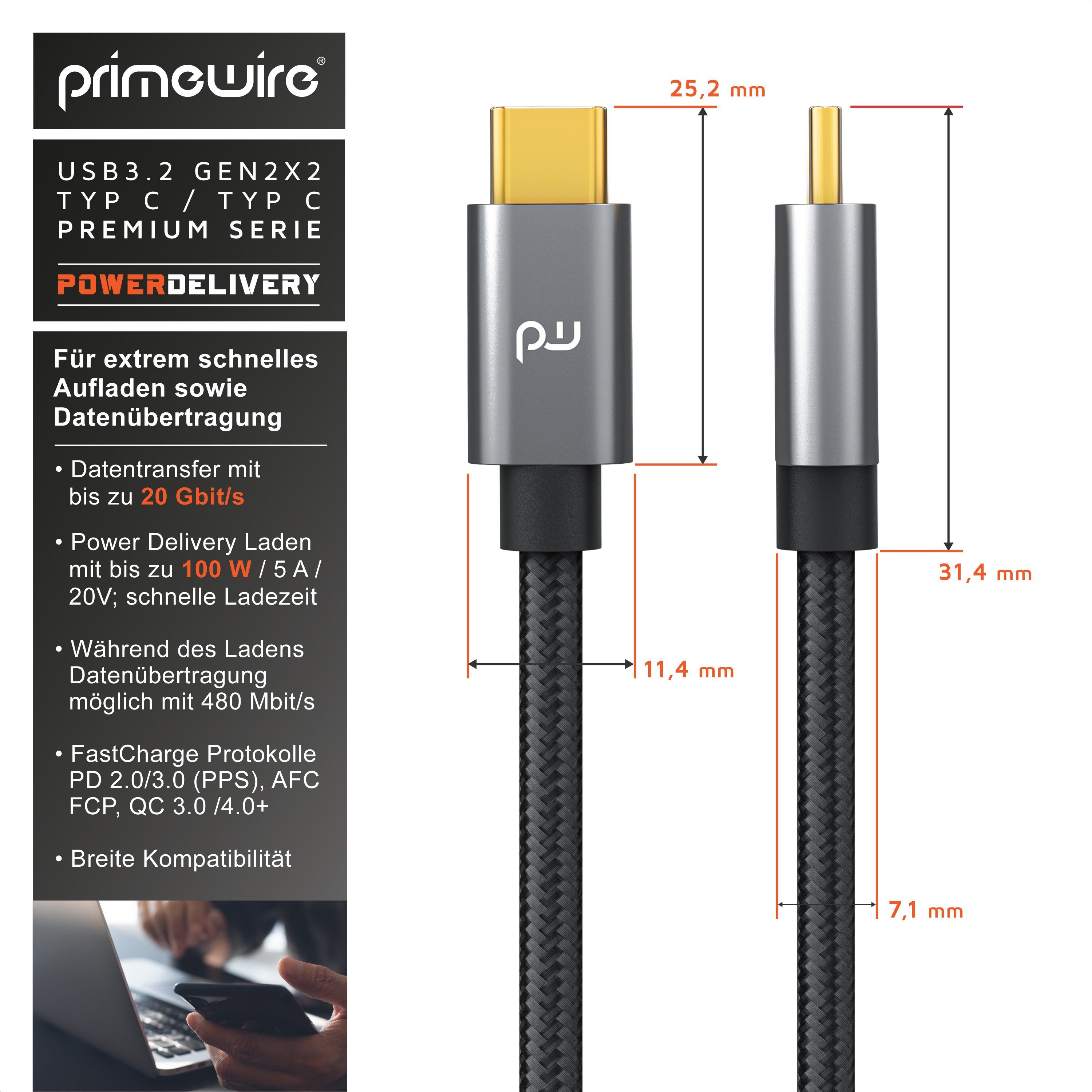 Primewire Gen 2x2-100 Watt PowerDelivery Ladekabel / Datenkabel 20 Gbit/s - 1m USB-Kabel, USB-C, 3.2 (100 cm), für Smartphone, Tablet, Notebook, MacBook, Ninten – Bild 3 von 5