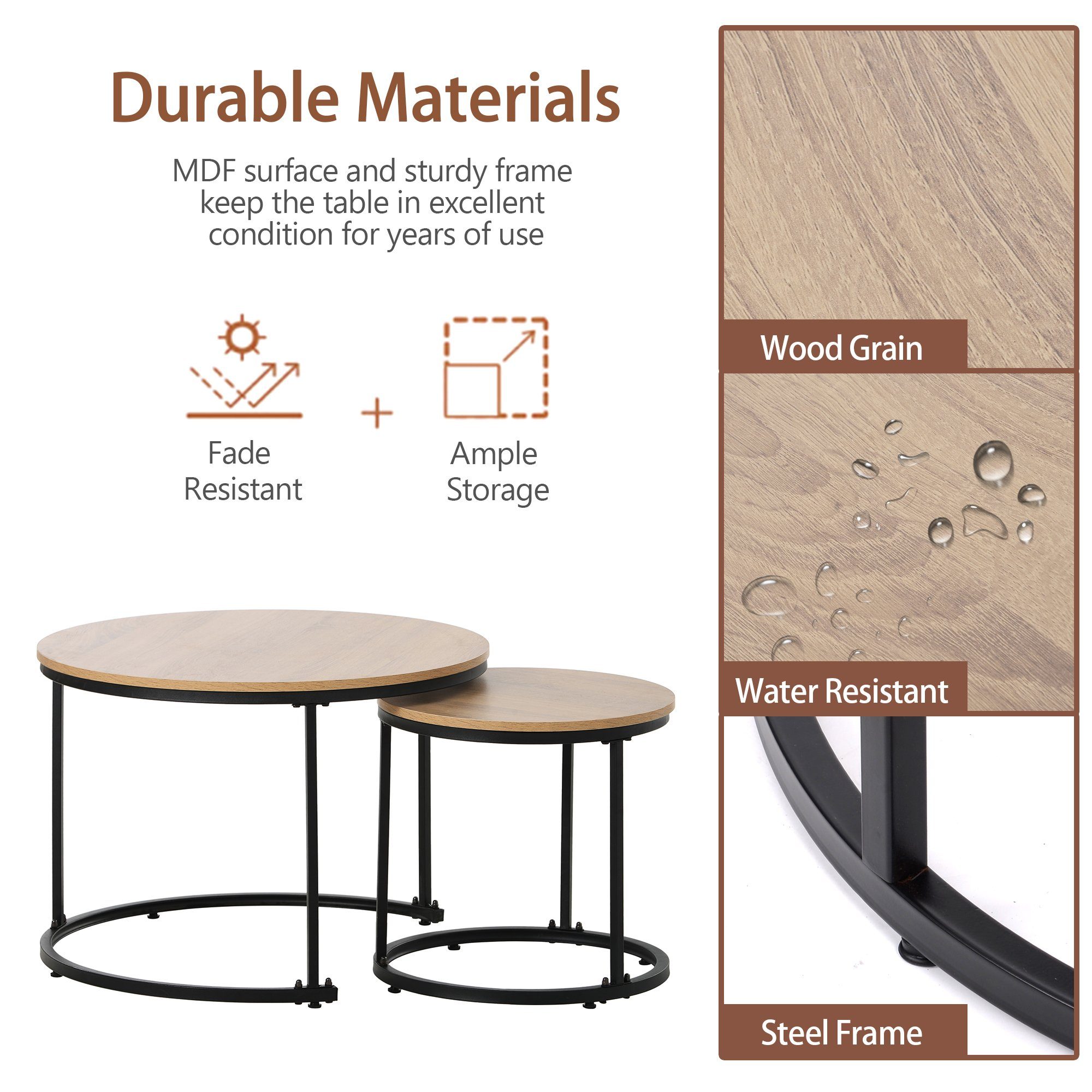 Merax Couchtisch Set rund Satztisch Wohnzimmertisch 1,5 cm Platte, Set rund Satztisch Wohnzimmertisch 1,5 cm Platte, aus Holz, Industrial