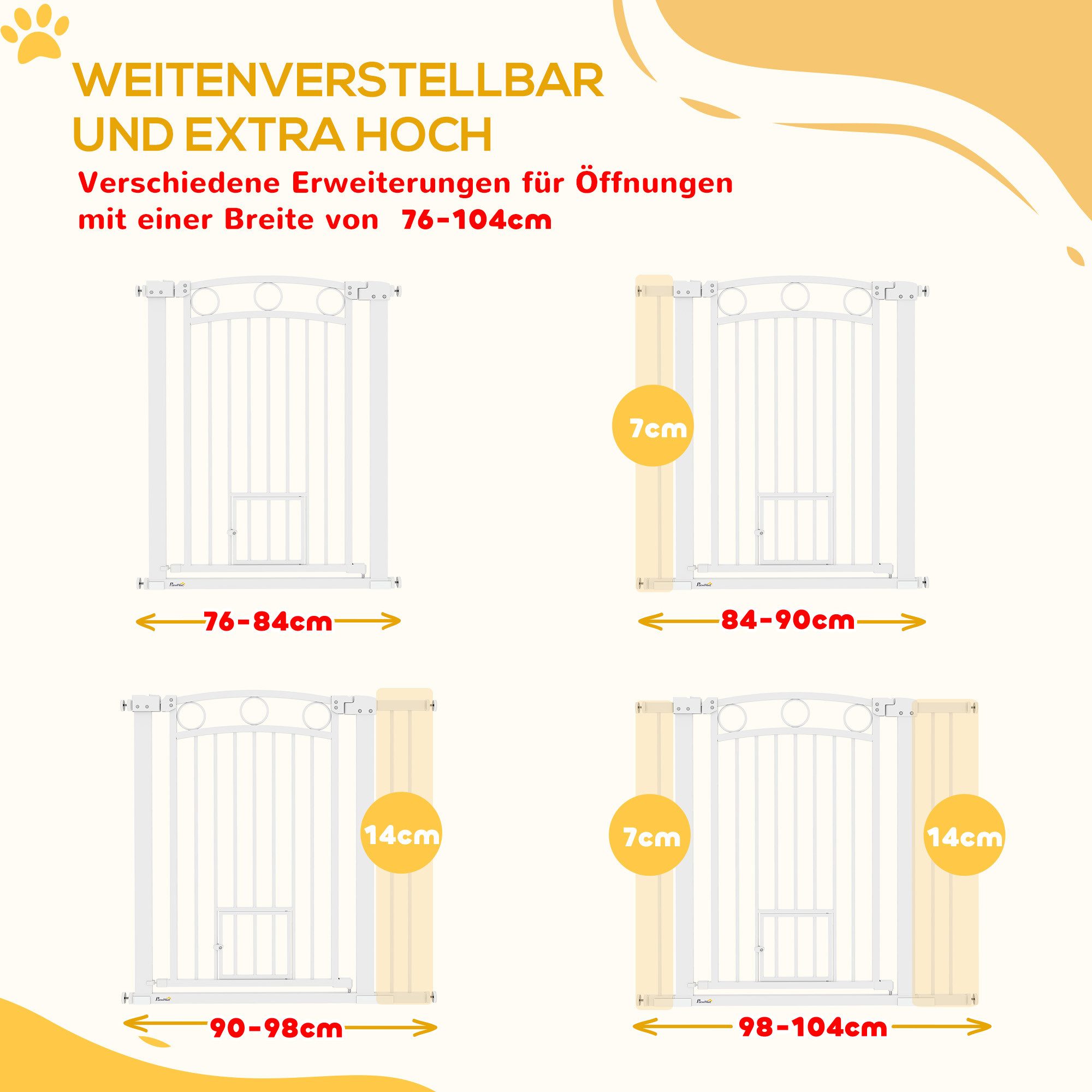 PawHut Hundegitter Treppenschutzgitter Türgitter Breiten 76-104 cm Stahl (Türschutzgitter, 1 St., Absperrgitter ohne Bohren), für Treppen, Tür, Flur, Weiß – Bild 4 von 5