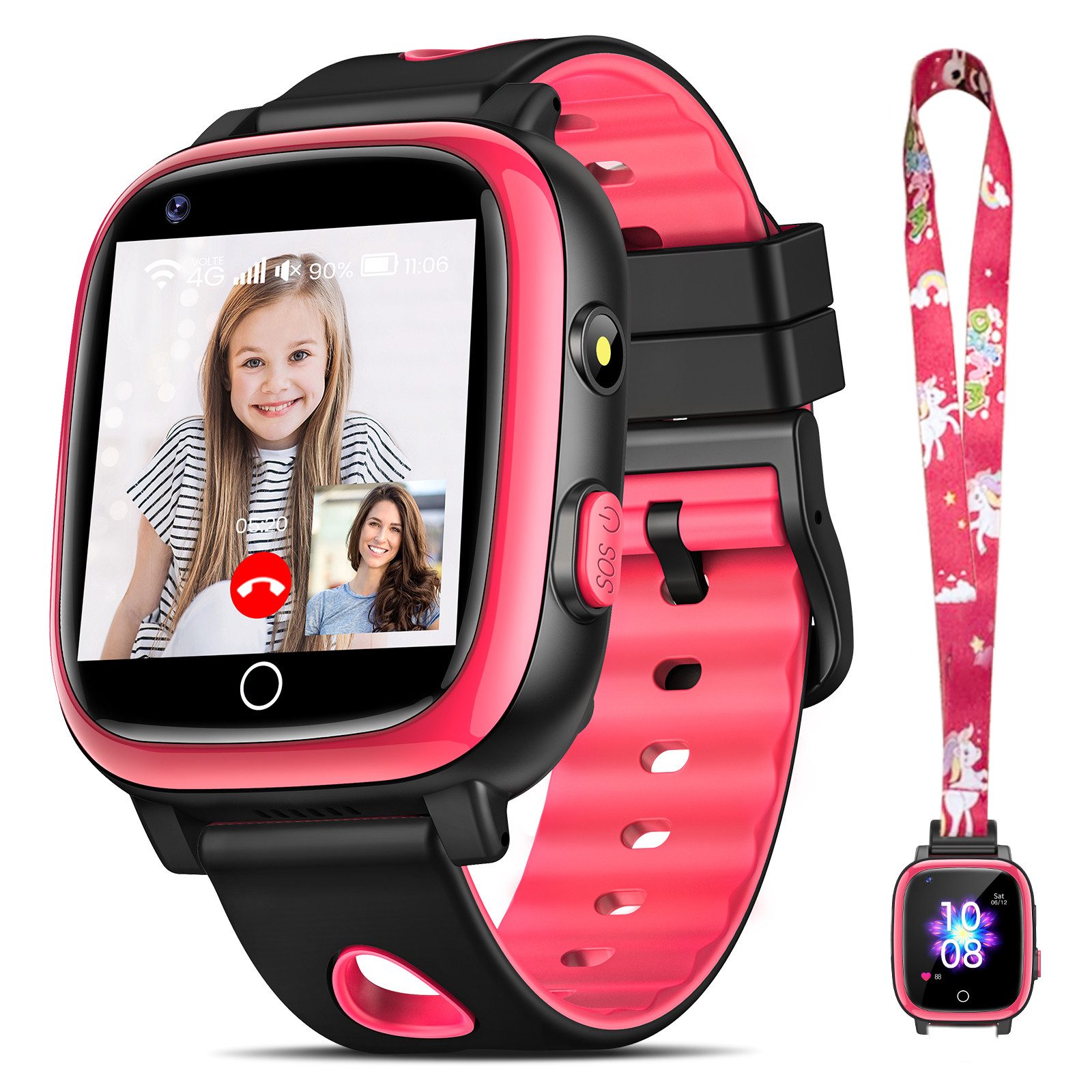 Sanorum 4G Smartwatch kinder mit GPS und Telefonfunktion Smartwatch (3.3 cm/1,3" HD Voll Touchscreen Zoll Zoll) IP68 Kinder Smartwatch, mit Videoanrufen, SOS, WiFi, Musik, Wecker, Schulmodus, Geschenke für Jungen Mädchen, mit Halsseil