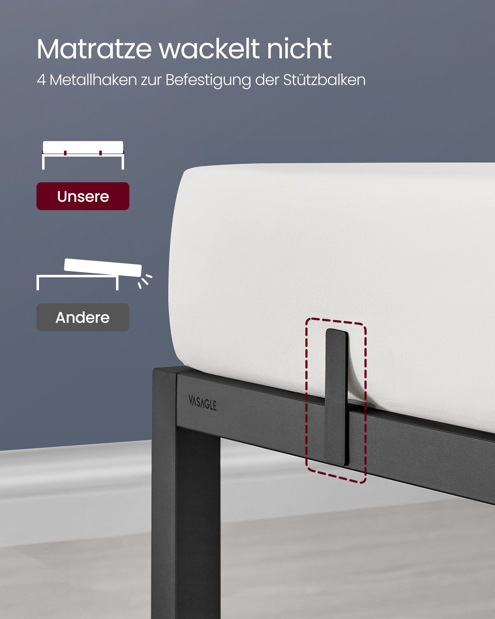 VASAGLE Bettgestell (140 x 200 cm), Doppelbett, mit 2 Aufbewahrungsregalen, mehrere Größen verfügbar