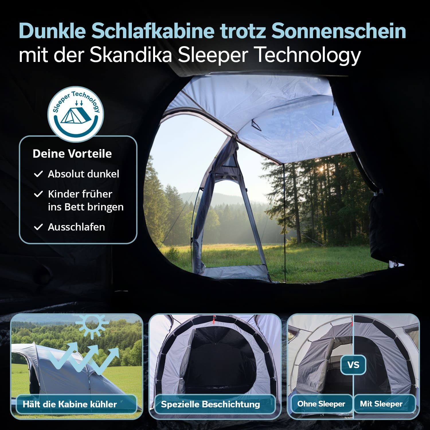 Skandika Tunnelzelt Helgver 3 Sleeper, Festival Zelt für 3 Personen, großer Vorraum, Personen: 3 (farbig markiertes Gestänge, schwarze Schlafkabine, UPF 50), Sleeper Technology, wasserdicht, 3000 mm Wassersäule, Kabelöffnungen