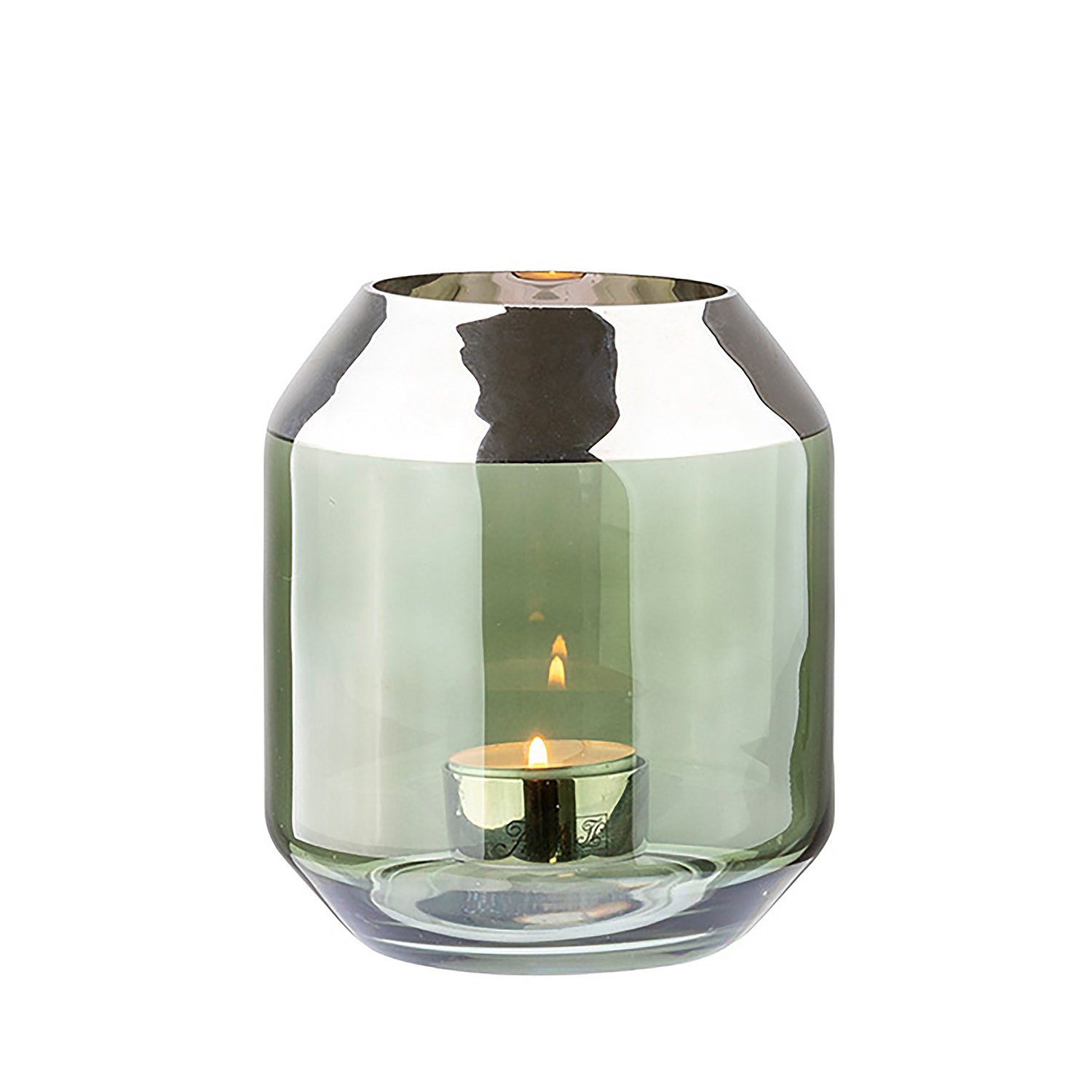 Fink Teelichthalter SMILLA Teelichthalter - H.14cm x D.12cm - Glas - dunkelgrün/silber (1 St., Leuchte - Geschenk für Frauen), Windlicht Teelicht Vase: Vielseitiger Kerzenleuchter & Blumenvase