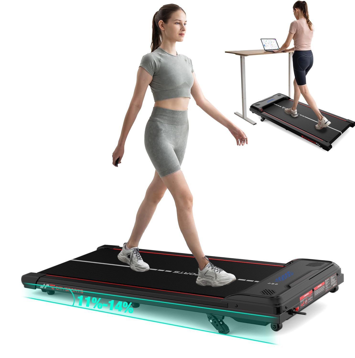 CITYSPORTS Laufband WP6 Walking Pad, 1–6 km/h, 440 W, 3-stufige Steigung bis 14 % (Mit toolkit,mit Schmiermittel), 120 kg, selbstzentrierender Laufgurt, LED-Display, Bluetooth