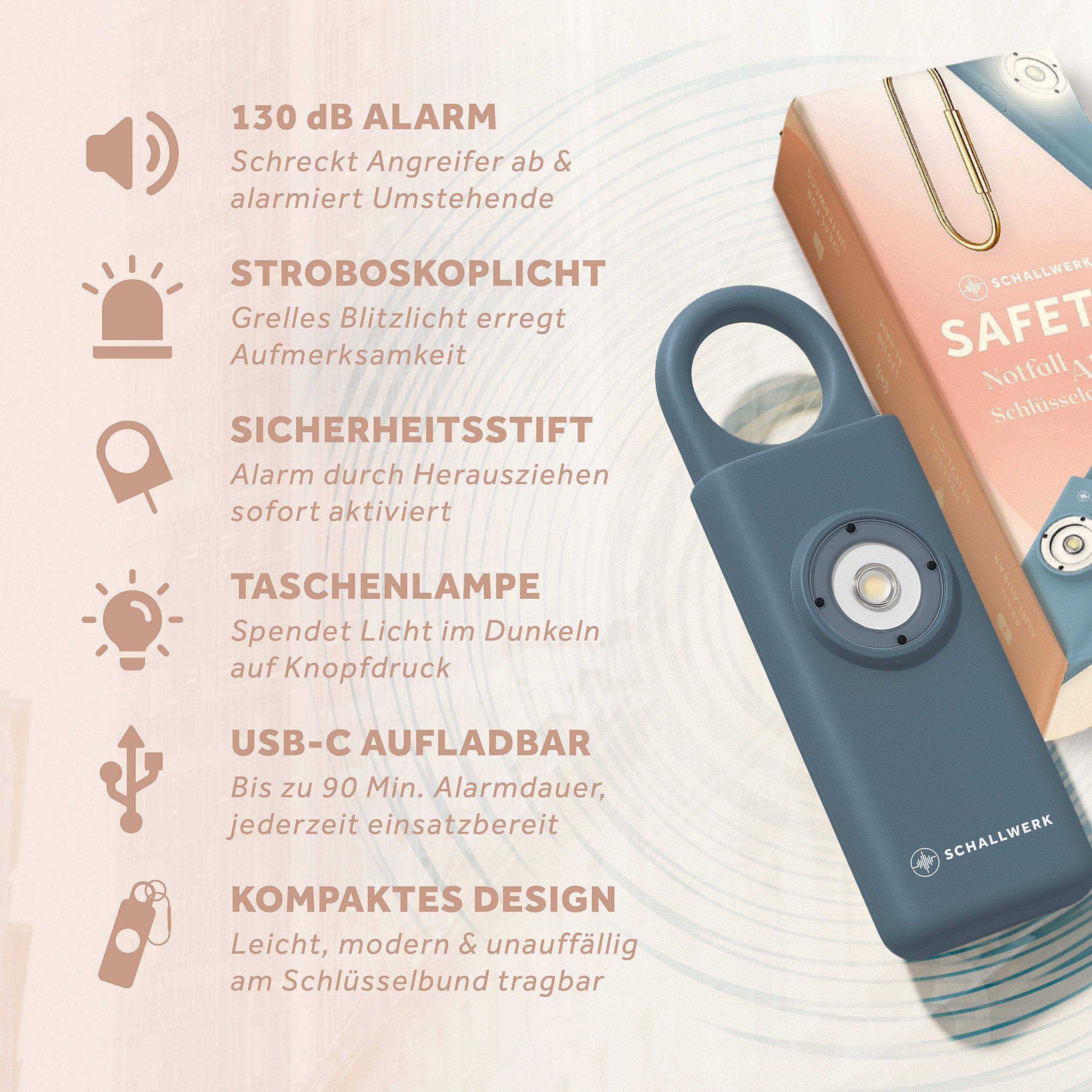 Schallwerk Taschenanhänger Taschenalarm für Selbstverteidigung & Sicherheit Lauter Alarm, LED-Stroboskoplicht, Schlüsselanhänger, für Frauen