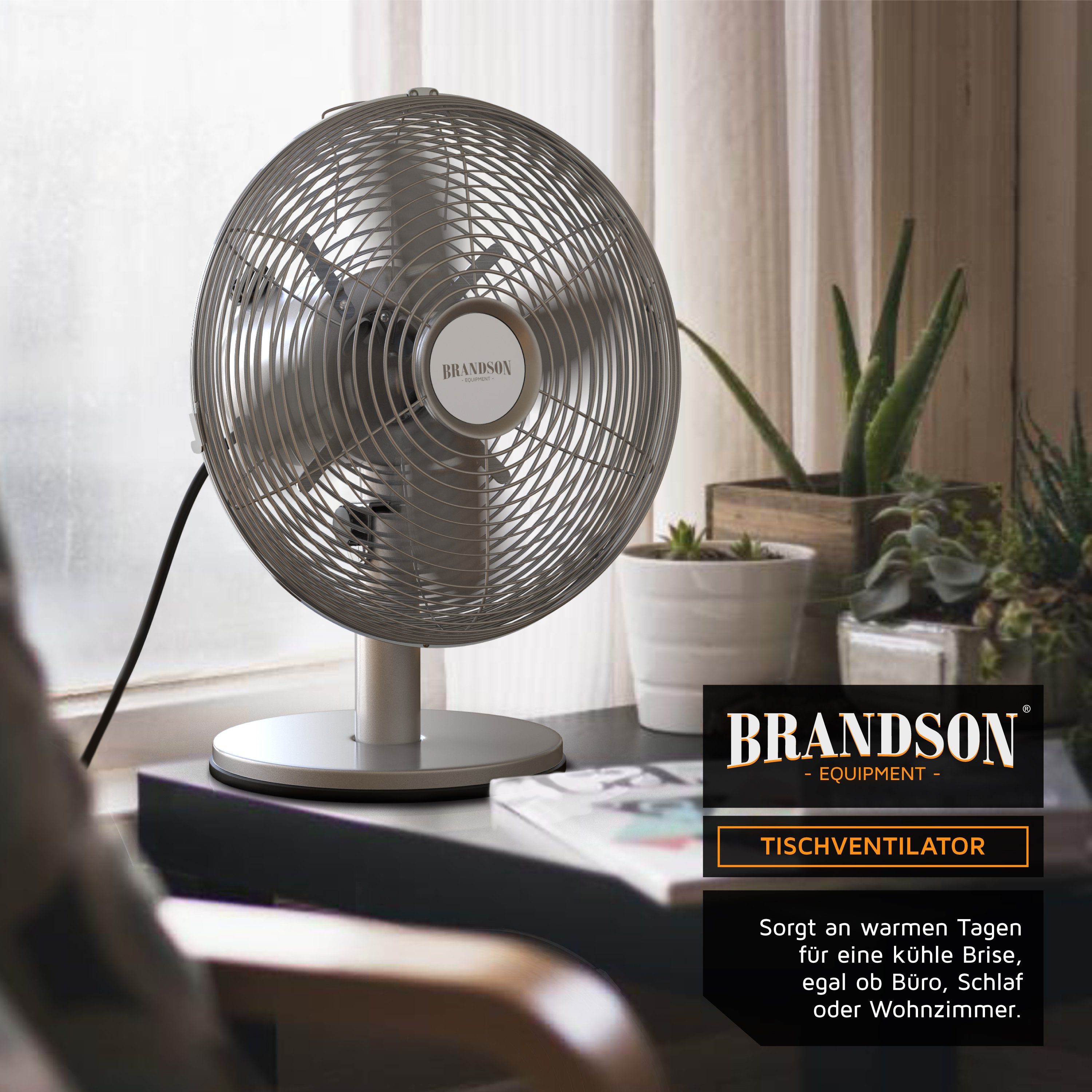 Brandson Tischventilator, Retro Design, Metallgehäuse, 40°, ca. 30W Neigungswinkel silber Oszillation