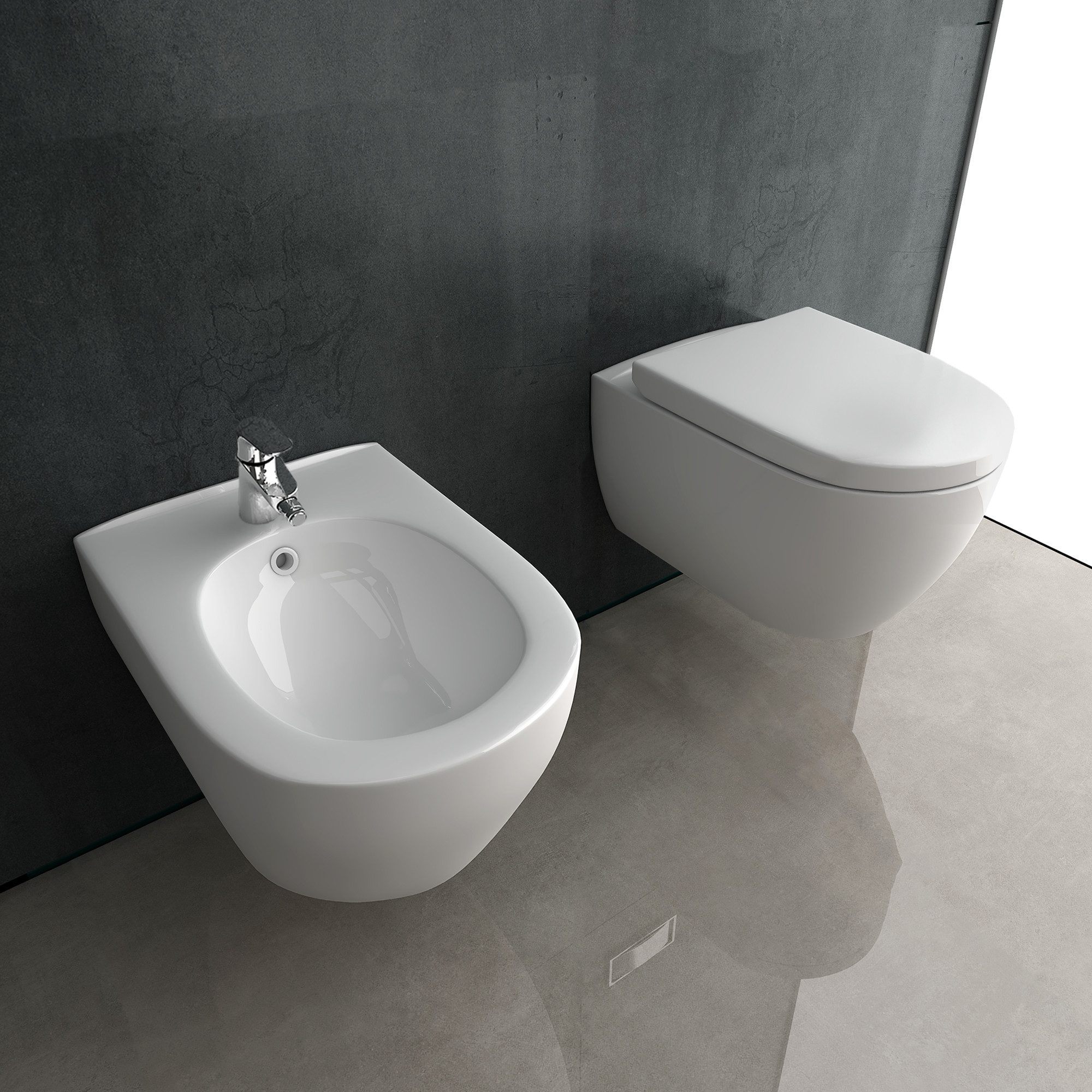 Alpenberger Tiefspül-WC Set aus Keramik Wand WC ohne Spülrand und Bidet - Made in EU, Wandmontage, Abgang Waagerecht, 3-tlg., Bidet mit Hahnloch und Überlauf - Hänge WC mit Softclose Sitz